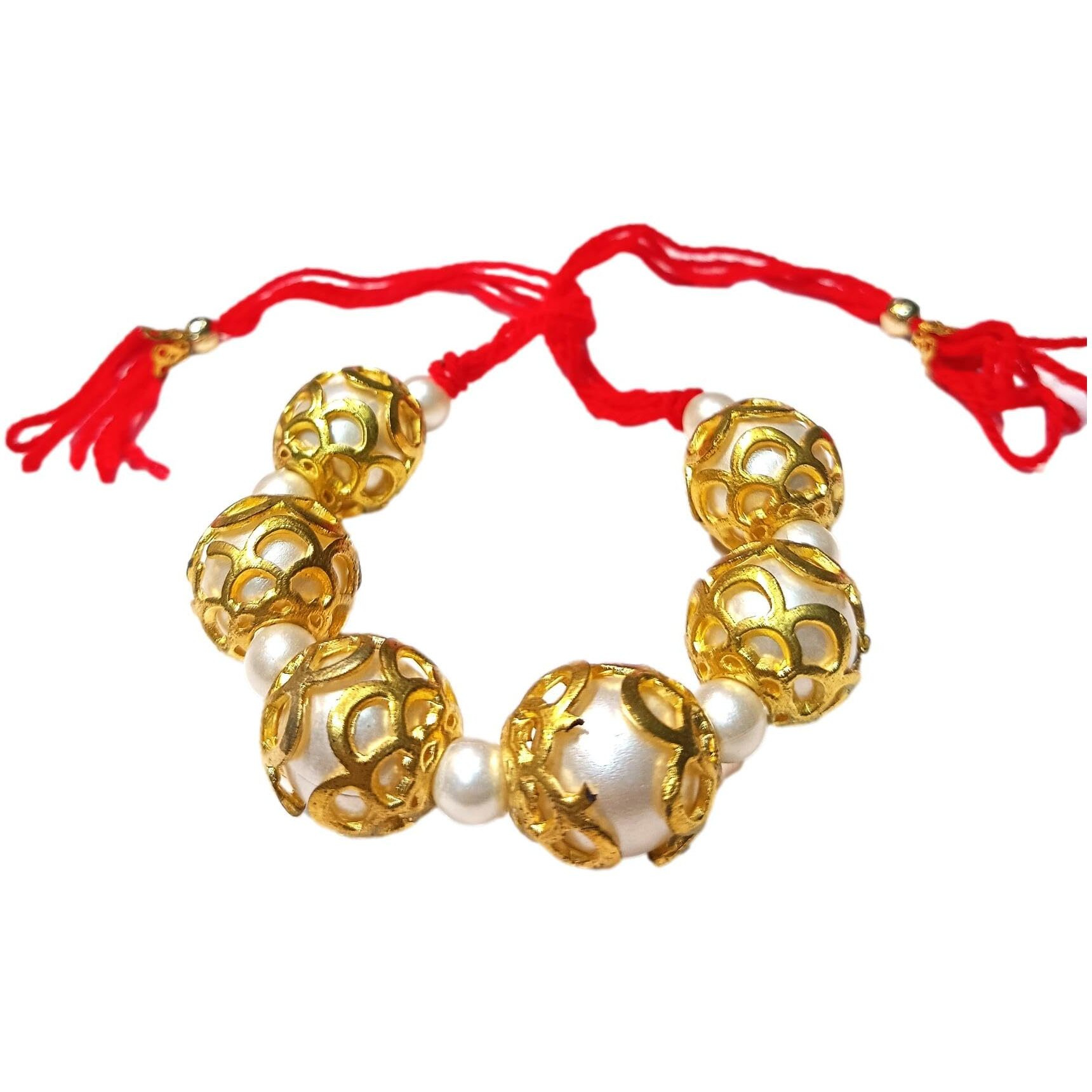 Athz Bhabhi Lumba Rakhi White Moti Beads Within Golden Casing Orange Thread Made In India Rakhis For Women Girls Bhabhi