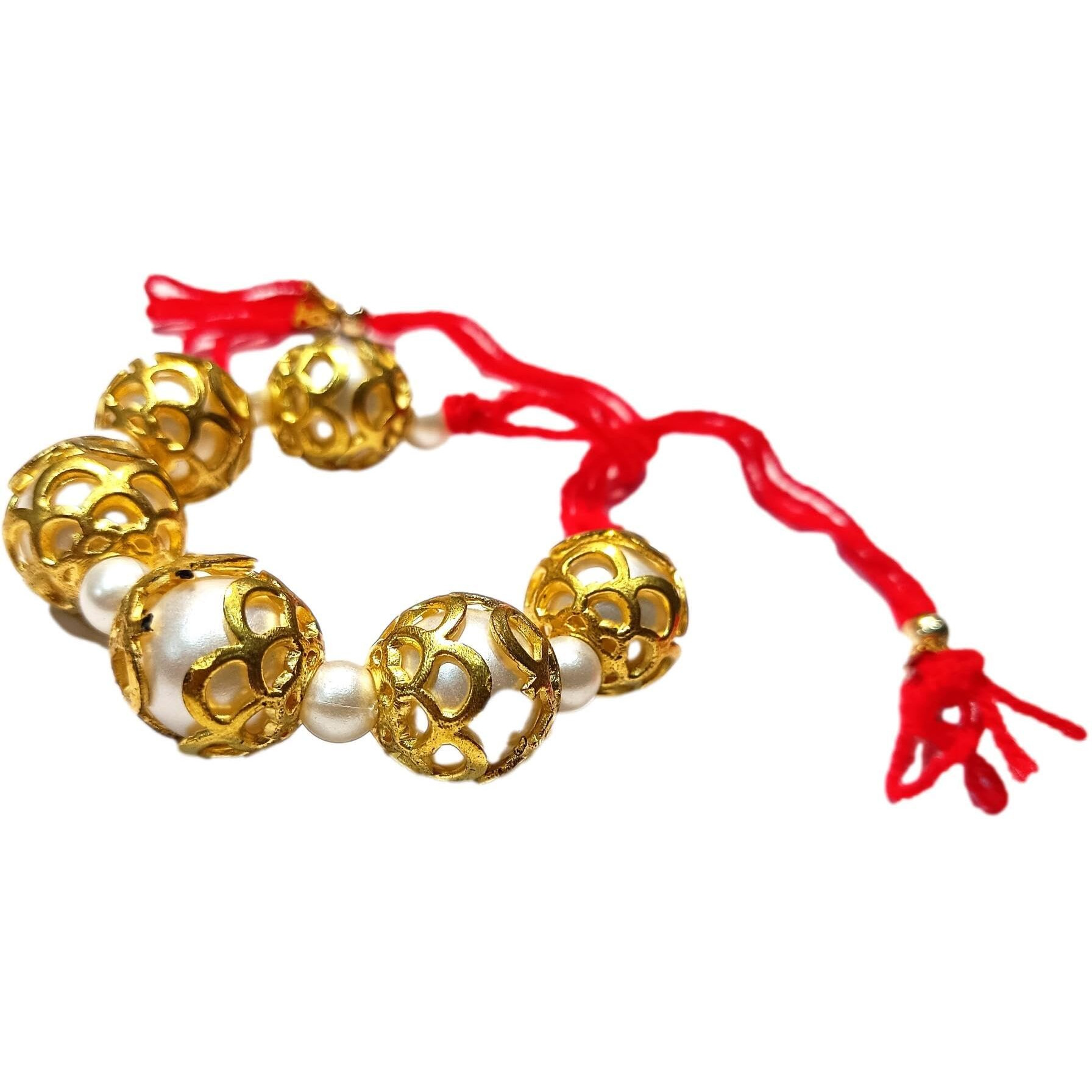 Athz Bhabhi Lumba Rakhi White Moti Beads Within Golden Casing Orange Thread Made In India Rakhis For Women Girls Bhabhi