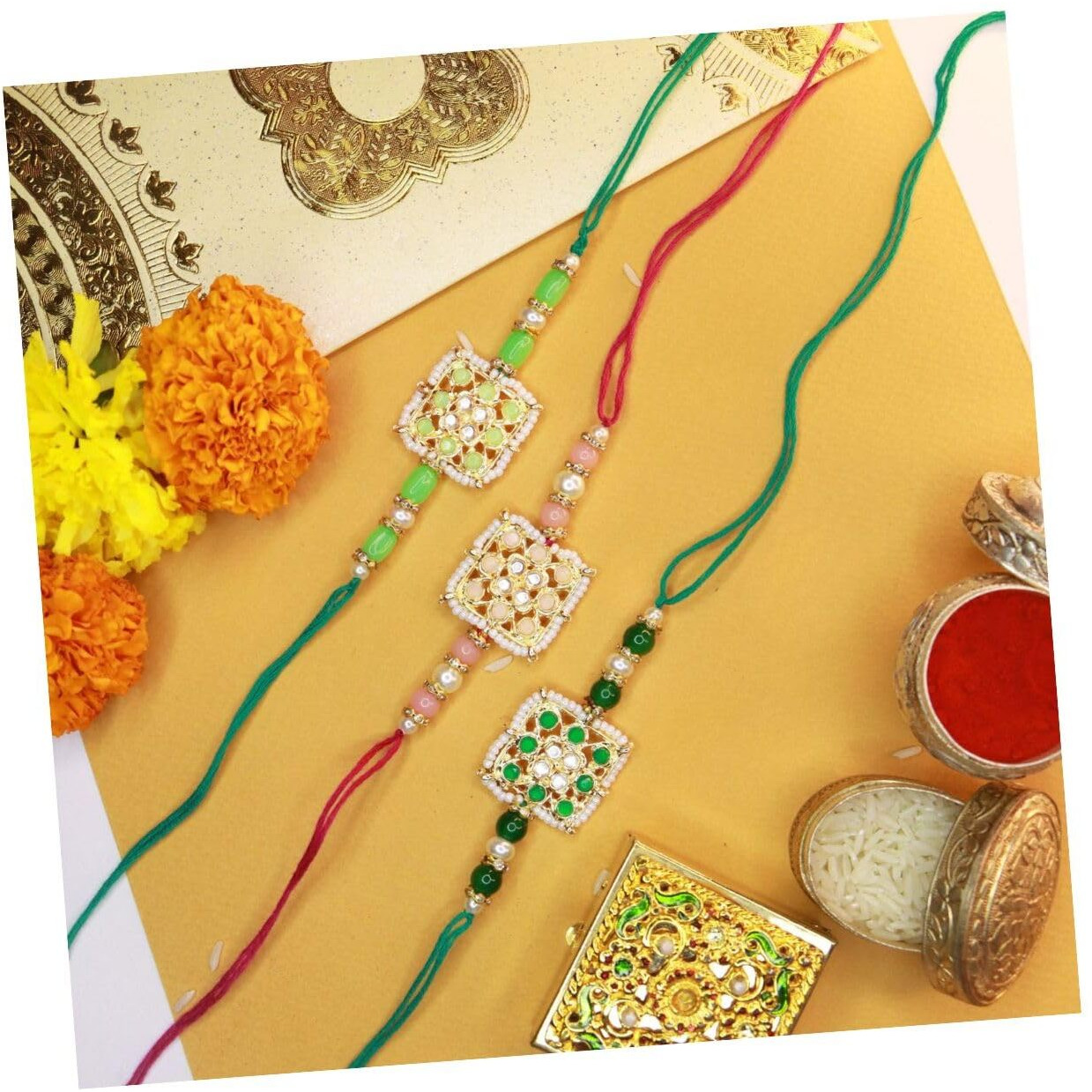 I Jewels Mens Kundan & Pearl Combo Rakhi With Roli Chawal & Rakshabandhan Card For Brother/Bro/Bhai (R075-3) Set Of 3 Rakhi
