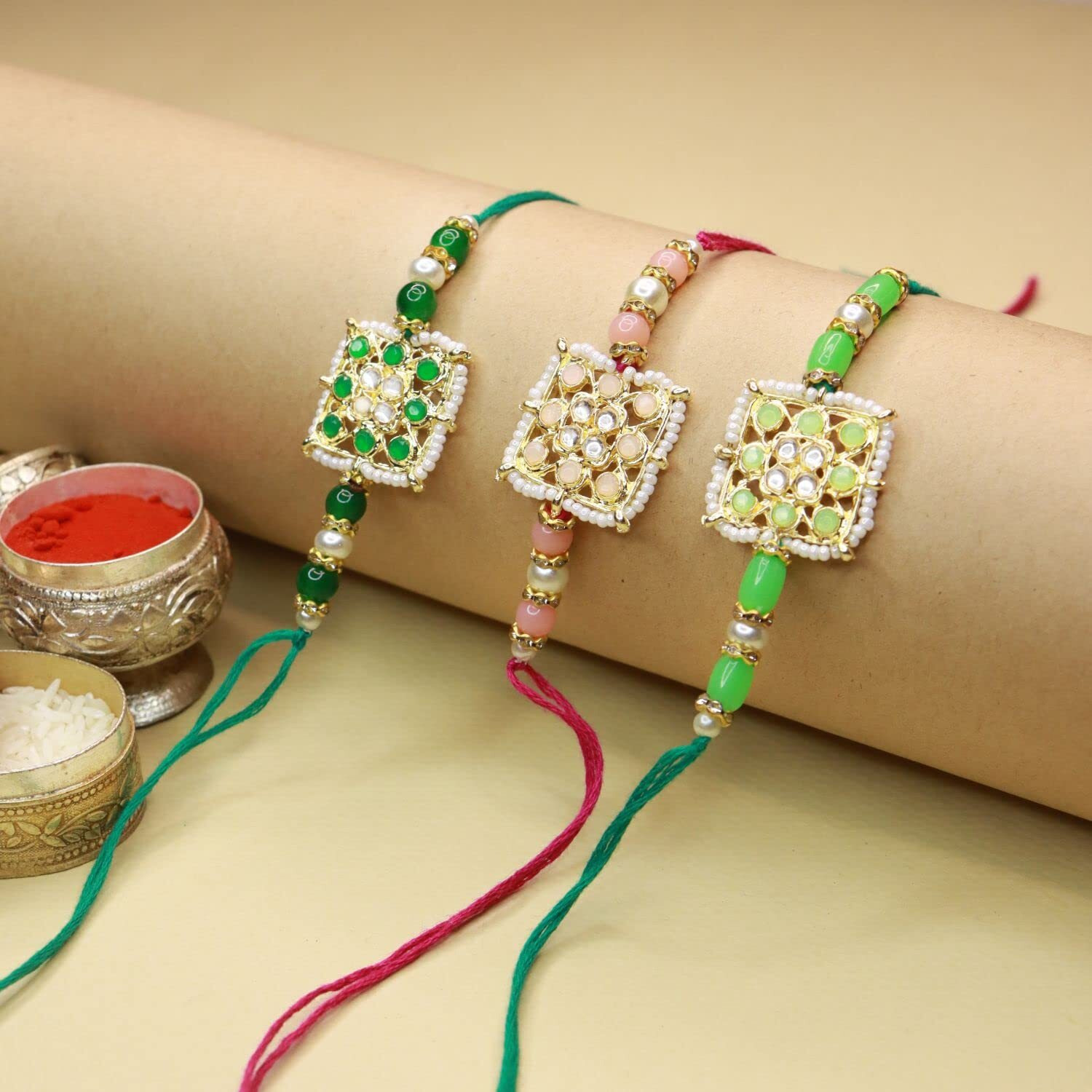 I Jewels Mens Kundan & Pearl Combo Rakhi With Roli Chawal & Rakshabandhan Card For Brother/Bro/Bhai (R075-3) Set Of 3 Rakhi