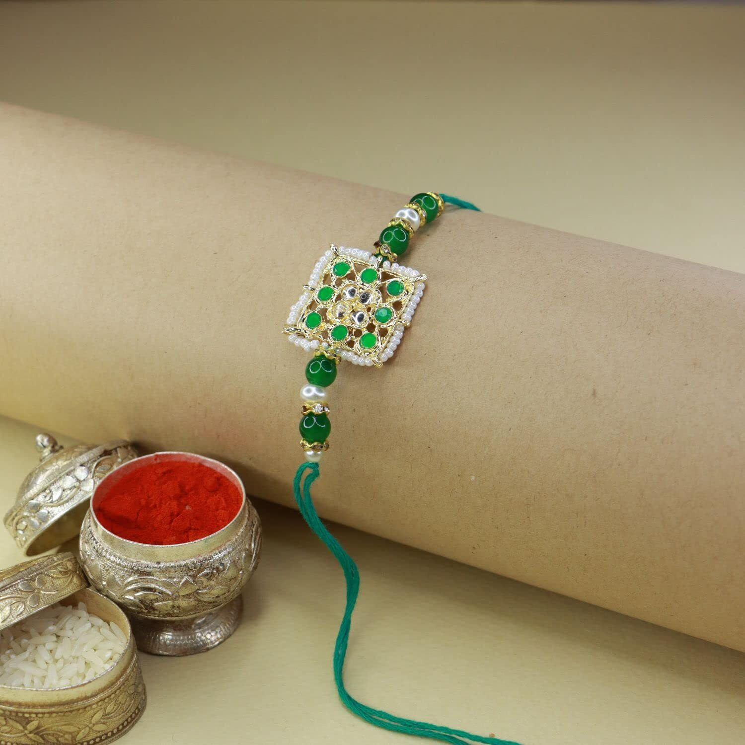 I Jewels Mens Kundan & Pearl Combo Rakhi With Roli Chawal & Rakshabandhan Card For Brother/Bro/Bhai (R075-3) Set Of 3 Rakhi