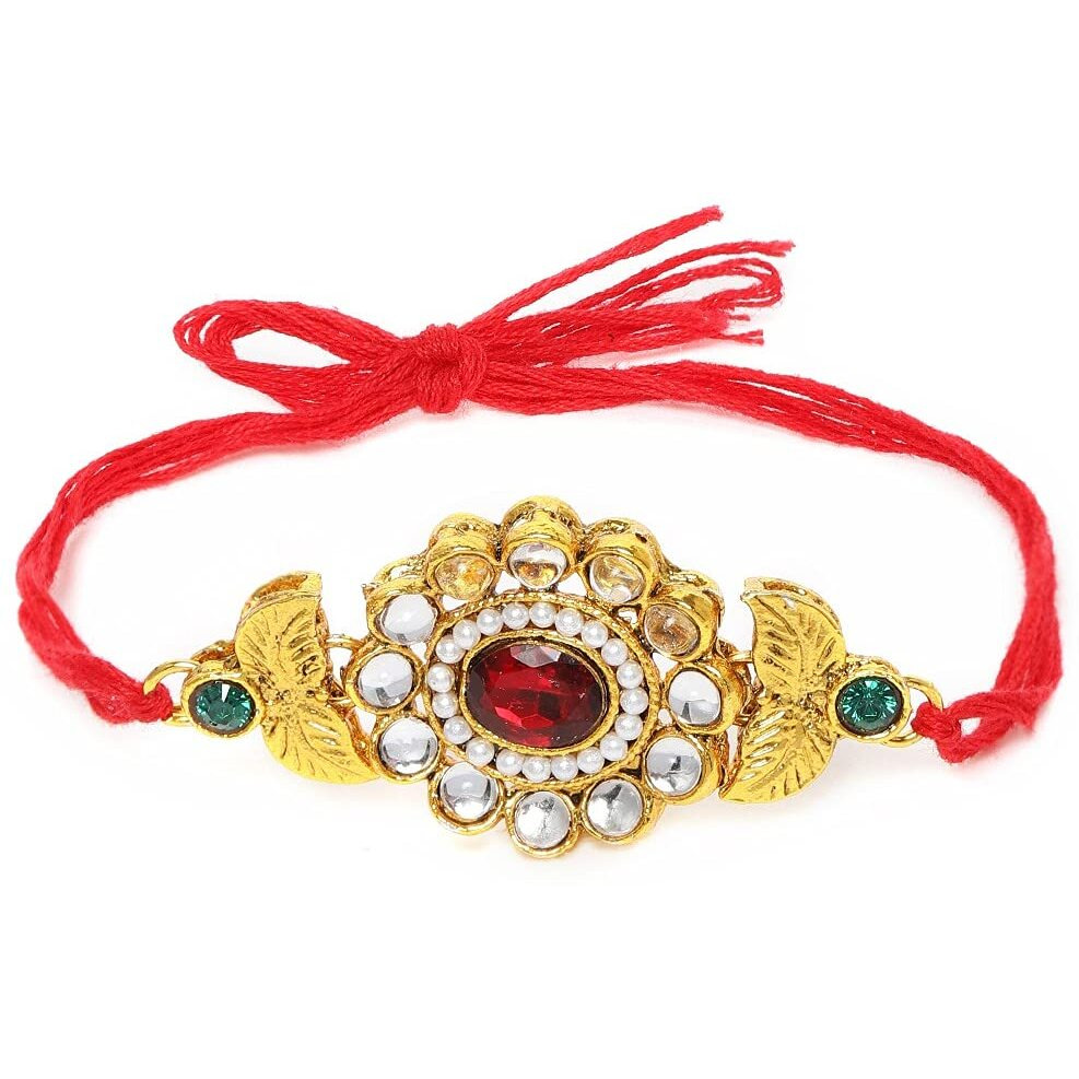 Zaveri Pearls Green & Red Stones Traditional Rakhi-Zpfk10294