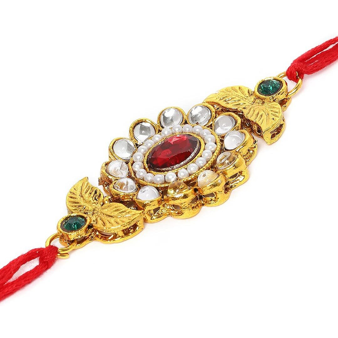 Zaveri Pearls Green & Red Stones Traditional Rakhi-Zpfk10294