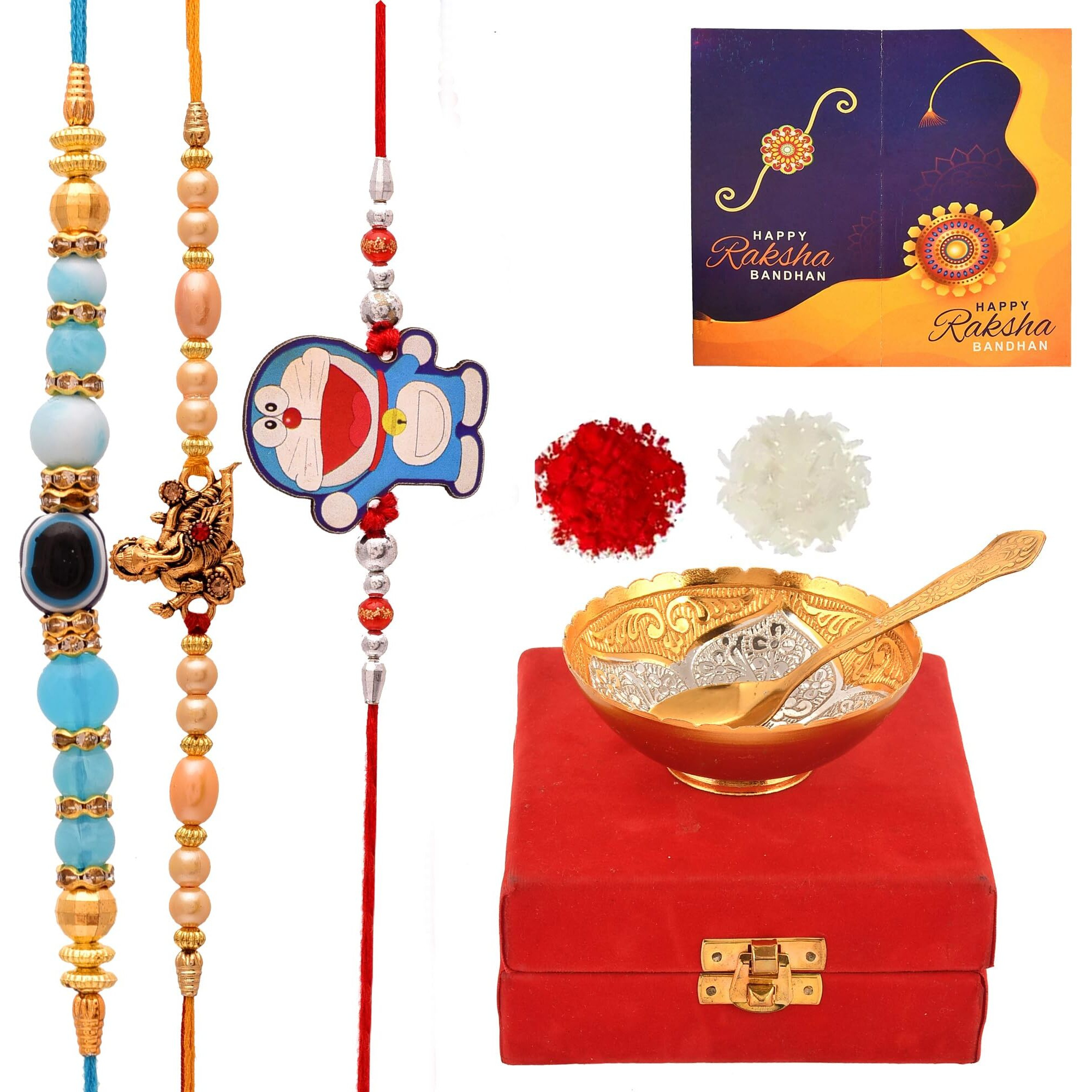 Yalambar Rakhi Gift For Brother | Rakhi With German Silver Bowl Set With Velvet Box Set With Red Velvet Box (Rakh2023 Rakhi Set With Bowl Set)-Rakh202304-2