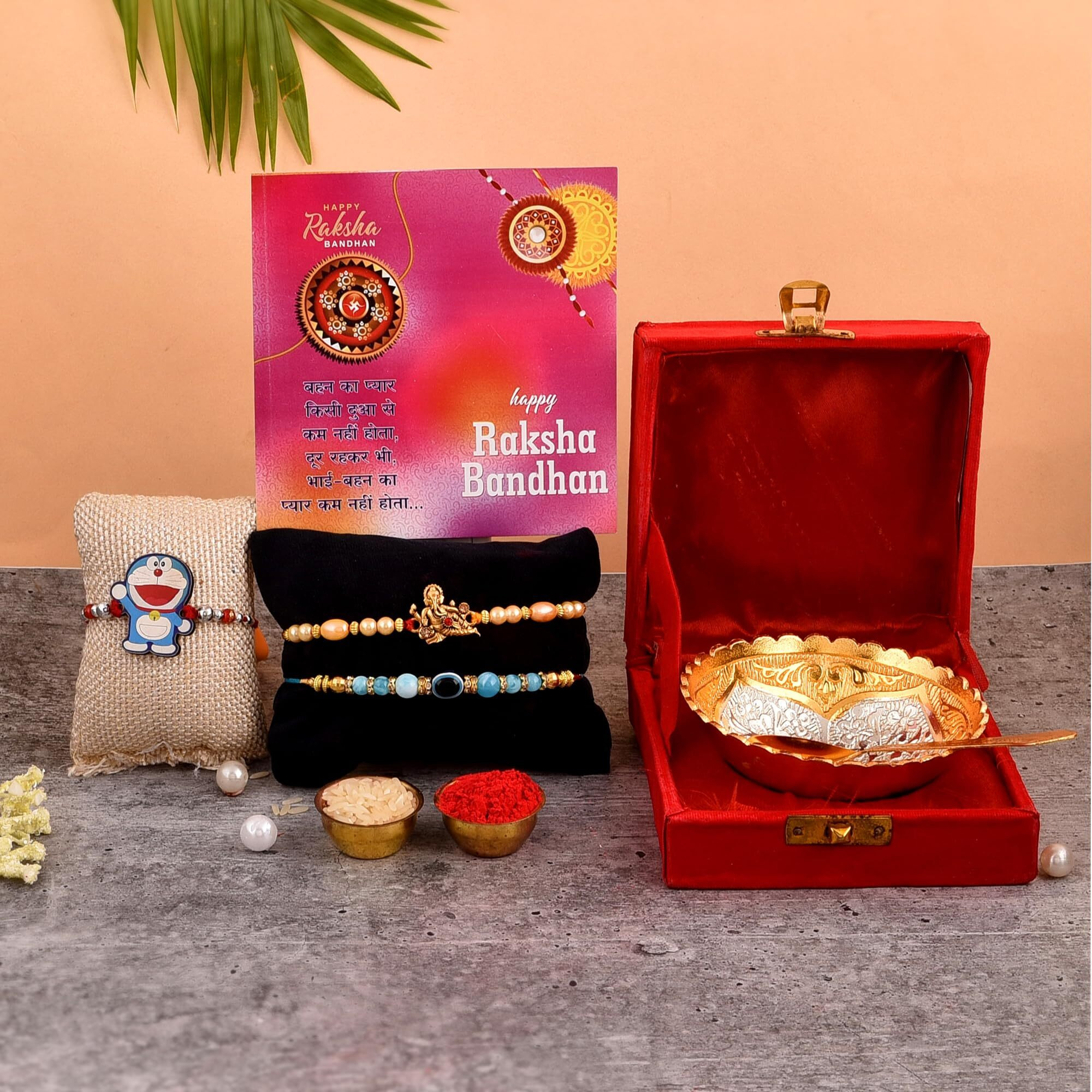 Yalambar Rakhi Gift For Brother | Rakhi With German Silver Bowl Set With Velvet Box Set With Red Velvet Box (Rakh2023 Rakhi Set With Bowl Set)-Rakh202304-2
