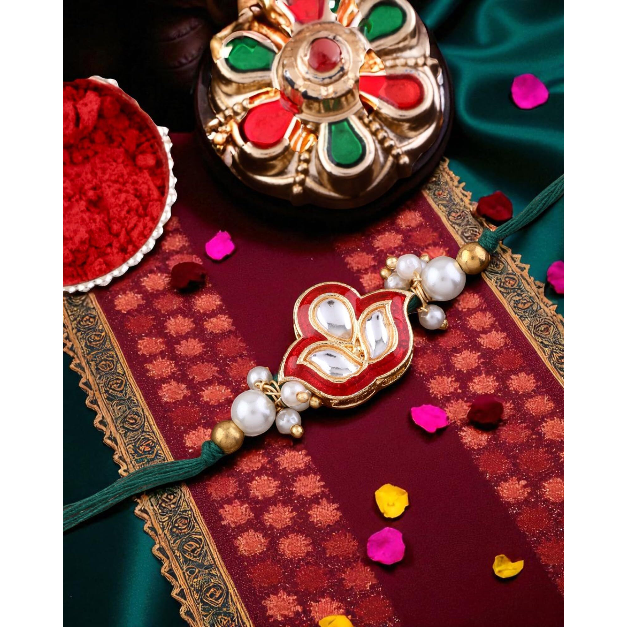 Shonas Style Elegant Pearl Rakhi With Red Thread, Gold-Plated Lotus Design And Crystal Stones (Red)