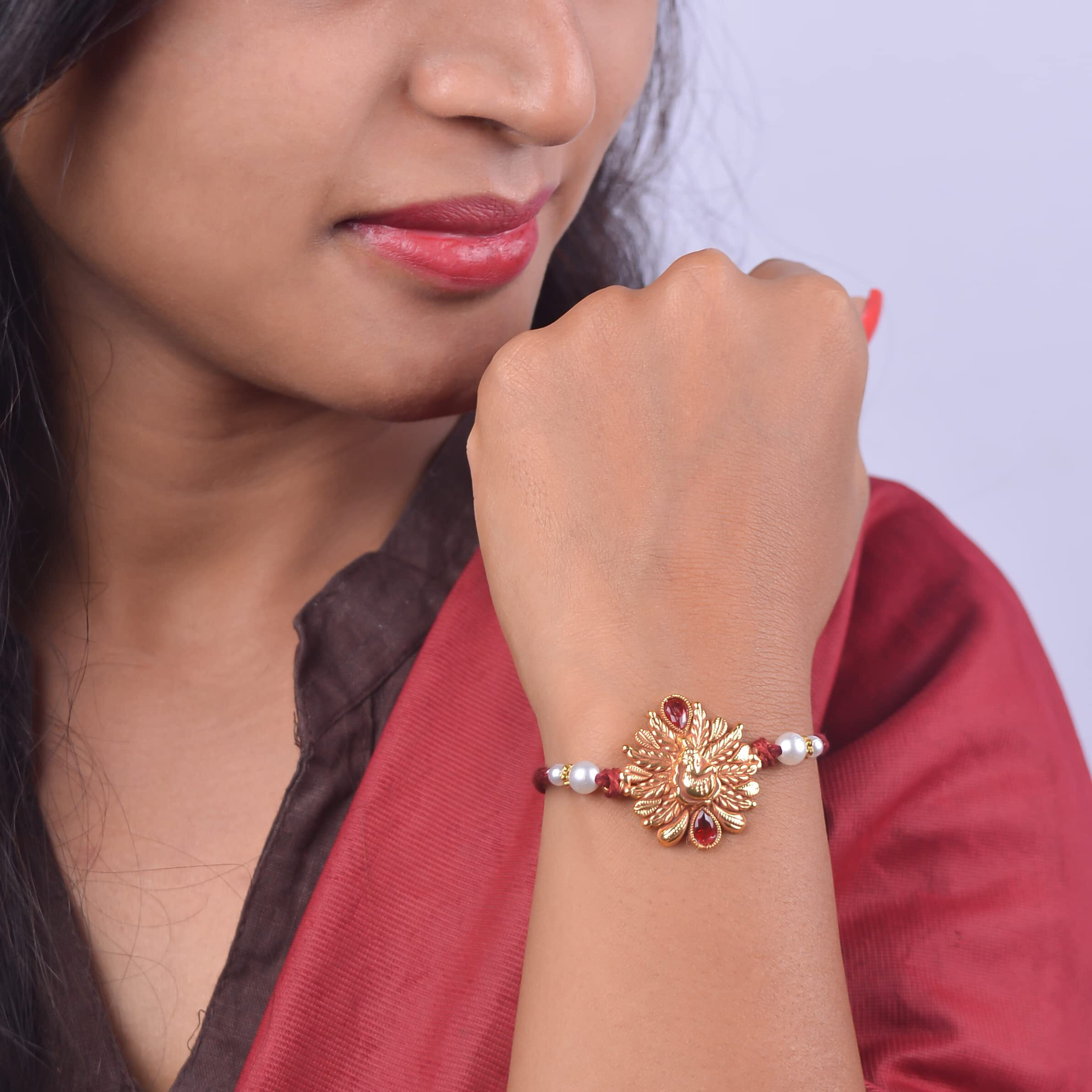 Vama Mens Fashions Nakshi Gold Temple Jewellery Ganesha Ganesh Rakhi For Rakshabandhan| Roli Chawal | Rakhi For Brother Bhaiya Bhai