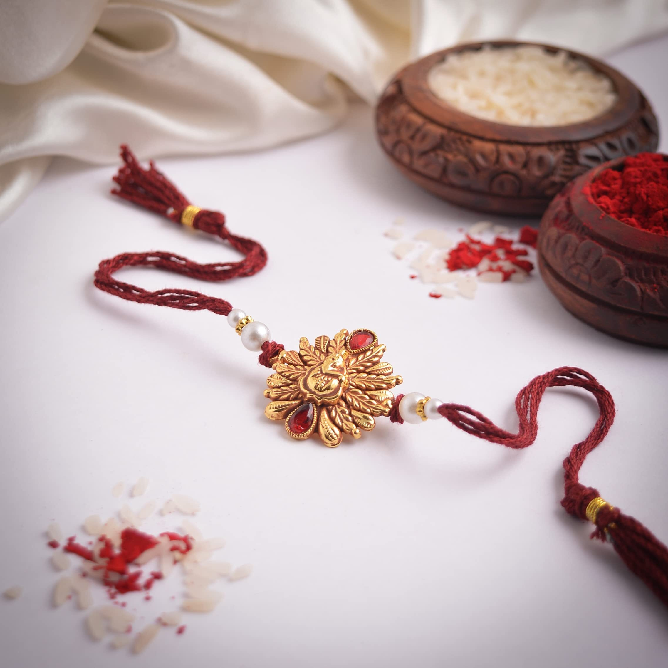 Vama Mens Fashions Nakshi Gold Temple Jewellery Ganesha Ganesh Rakhi For Rakshabandhan| Roli Chawal | Rakhi For Brother Bhaiya Bhai