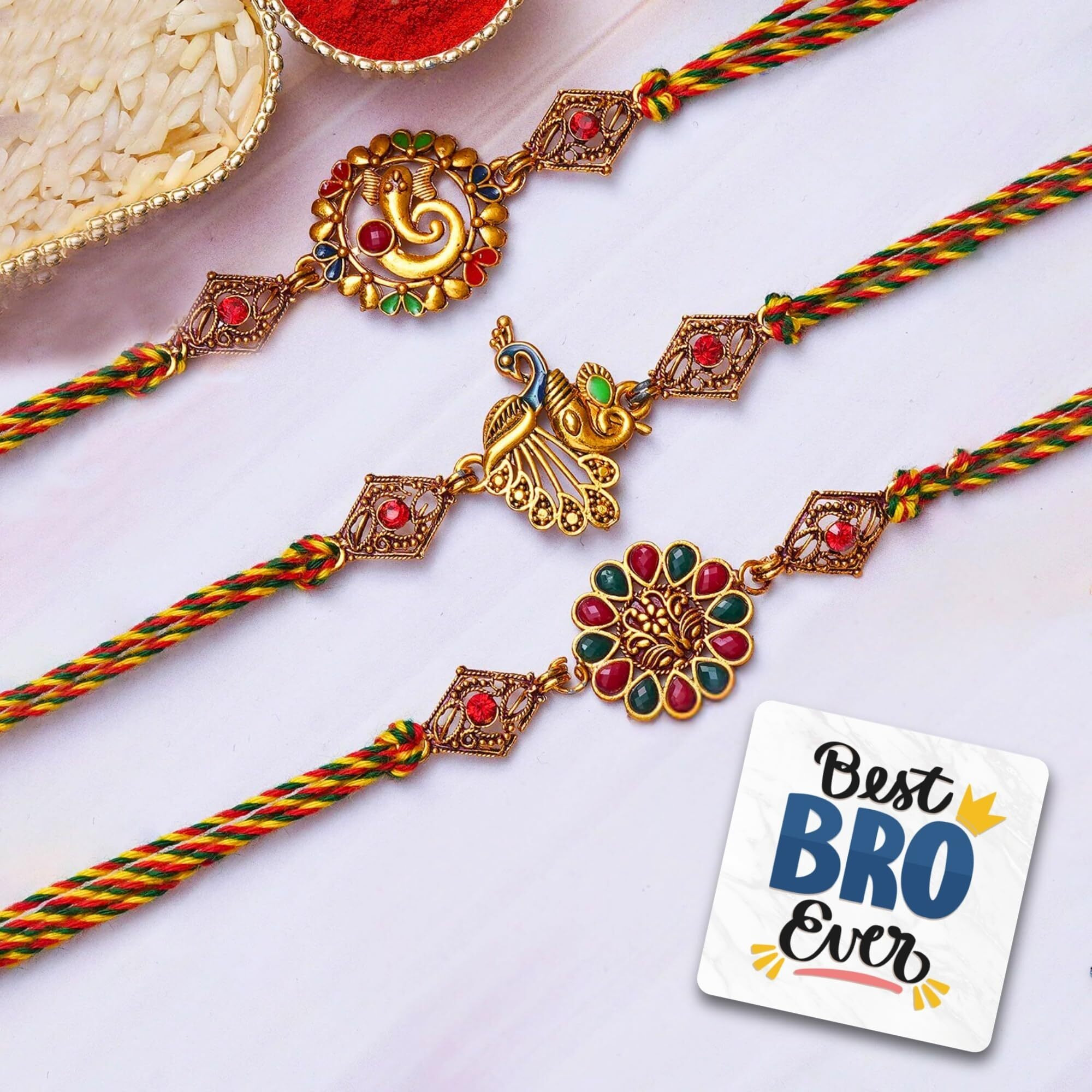 Ecraftindia Set Of 3 Lord Ganesha, Peacock, And Floral Designer Rakhis, Best Bro Ever Fridge Magnet With Roli Chawal Pack - Rakhis For Brother, Bhabhi, Kids