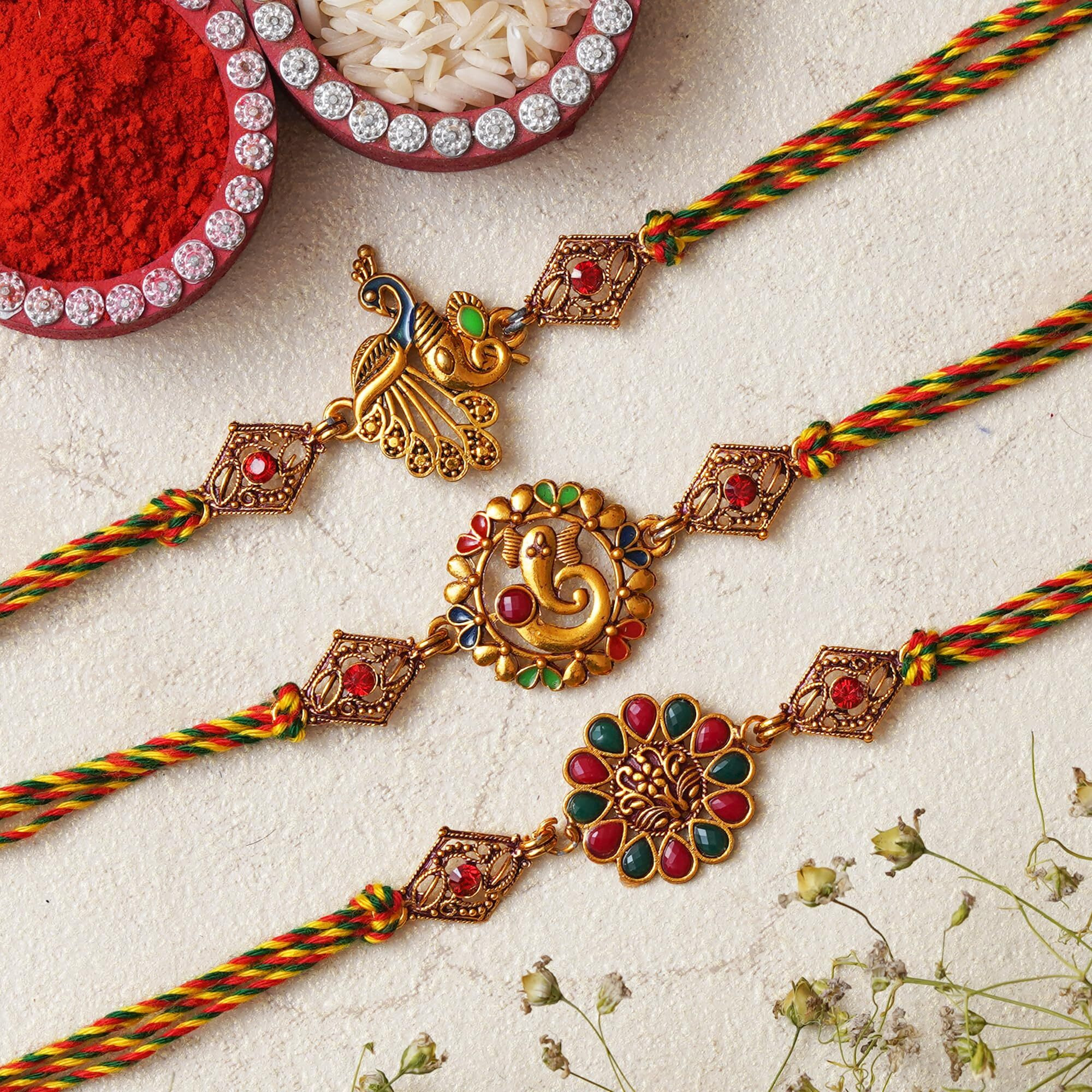 Ecraftindia Set Of 3 Lord Ganesha, Peacock, And Floral Designer Rakhis, Best Bro Ever Fridge Magnet With Roli Chawal Pack - Rakhis For Brother, Bhabhi, Kids
