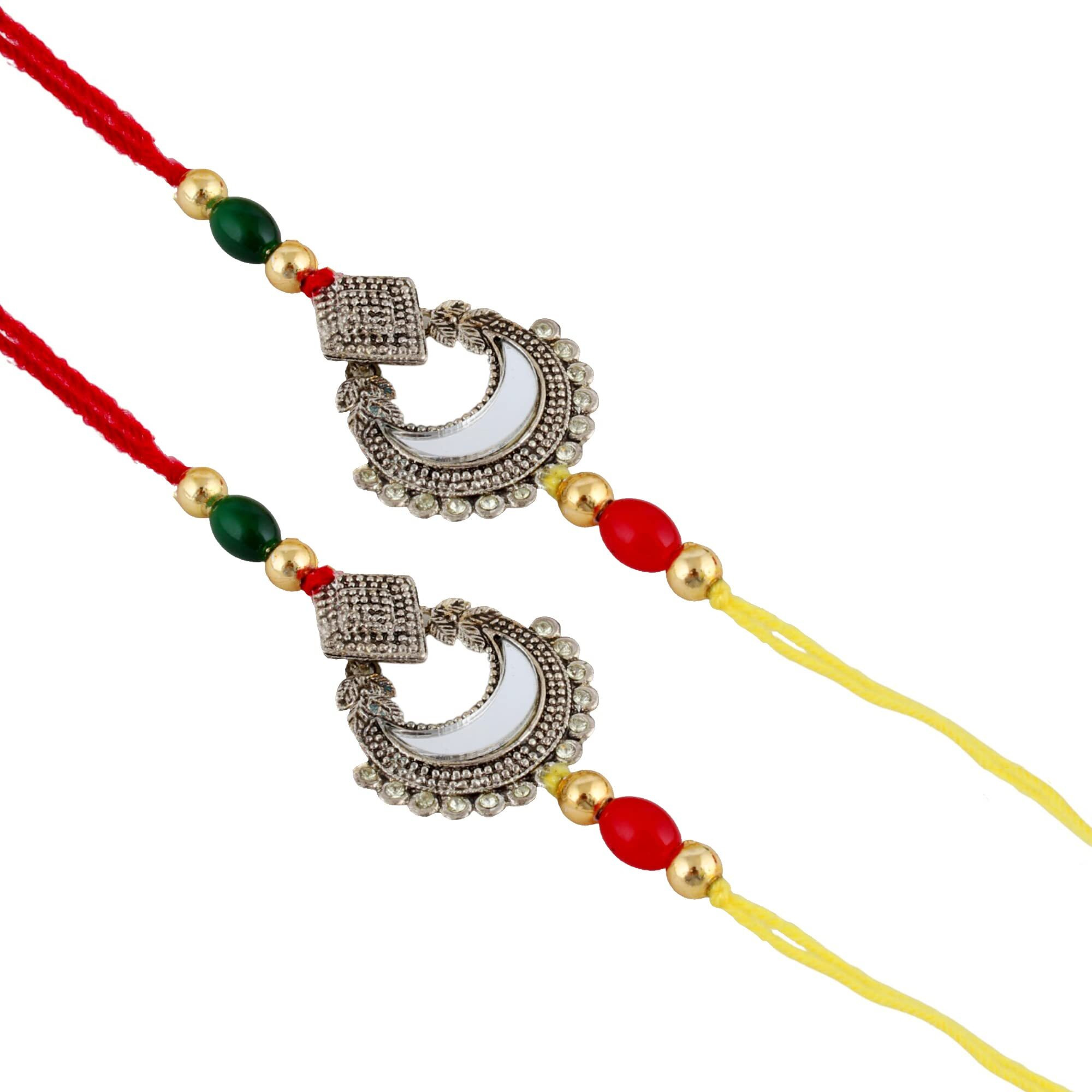 Lucky Jewellery Unisex Adult Oxidized German Silver Rakhi - Yellow And Red Thread, Boho Collection, Rakshabandan Rakhee Bracelet For Brother/Bhai/Bhaiya/Bhabhi - Rakshasutra