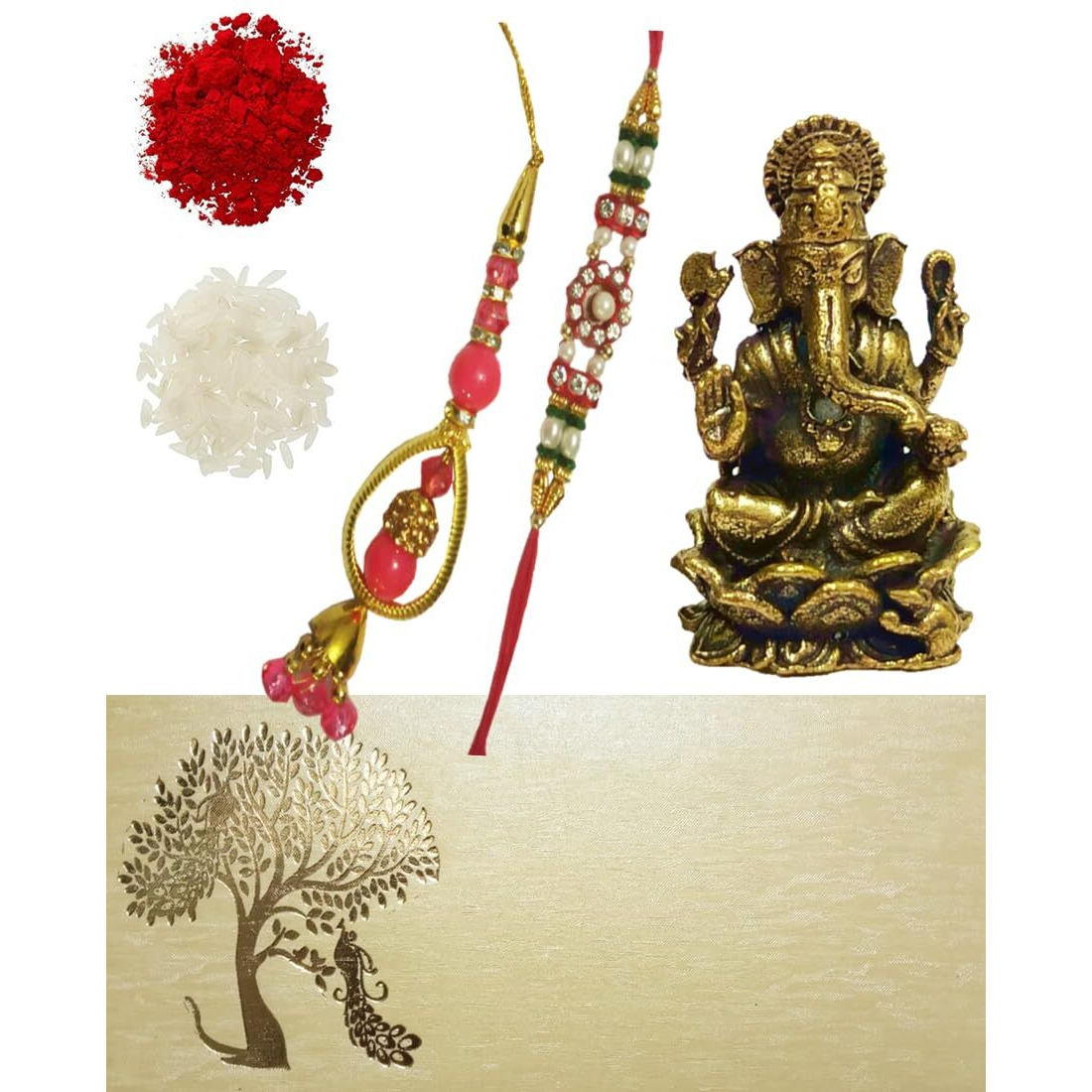 Purpledip Rakhi Set Bhai Rakhi Bracelet. Bhabhi Rakhi (Lumba Or Latkan), Miniature Ganesha Statue, Roli Chawal Tika (Rakhi79C)