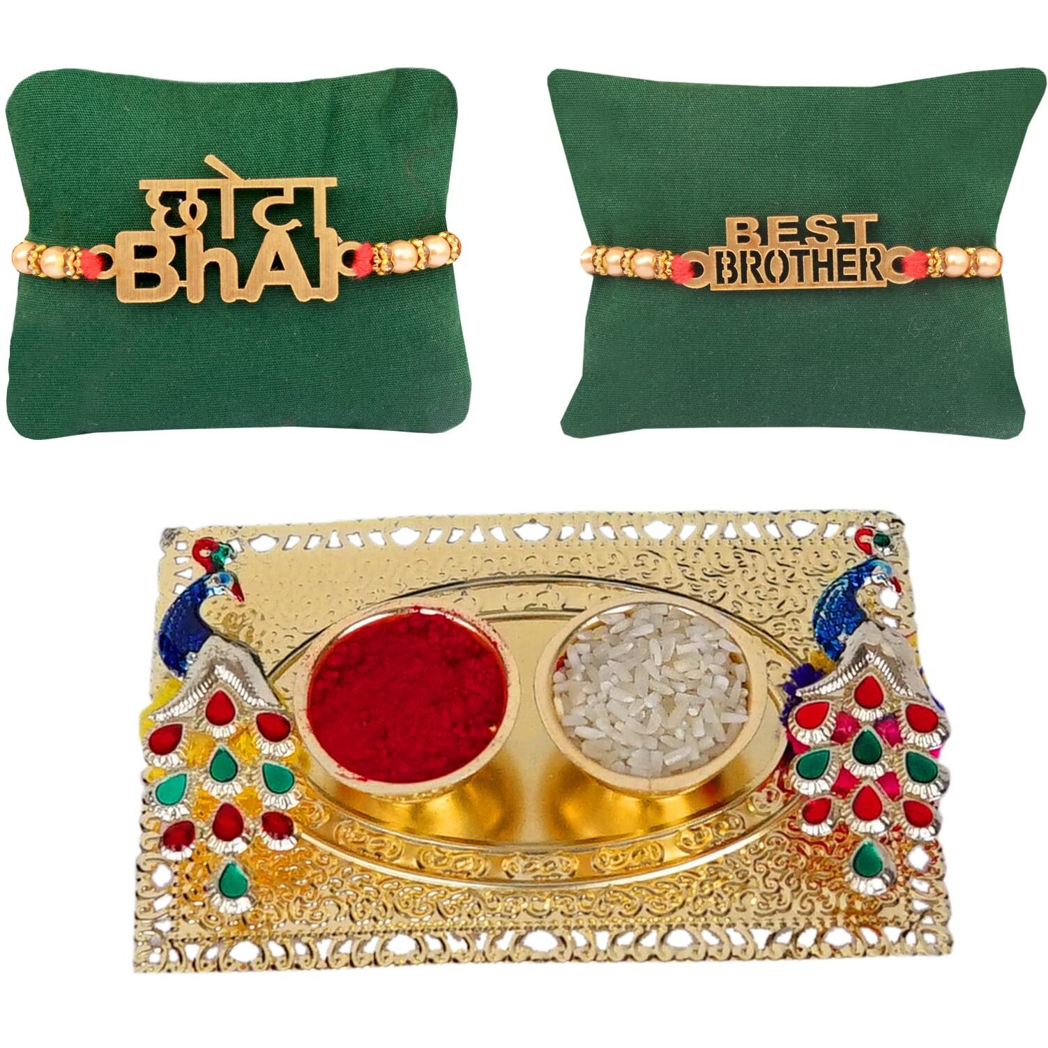 Cluze 2 Pc Rakhi For Brother - Chota Bhai Rakhi- Best Brother Rakhi - Rakshabanhan Rakhi Gift For Brother With Peacock Roli Chawal Platter