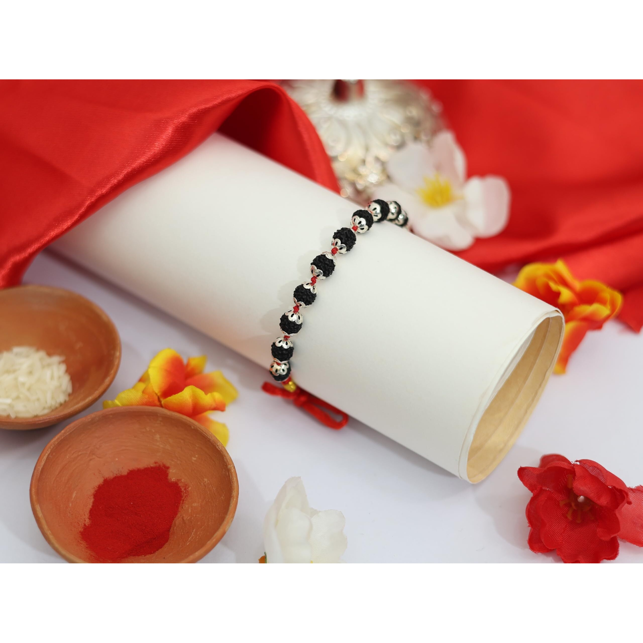 Shivaratna Silver Capped Rudraksha Rakhi (With Roli, Chawal)