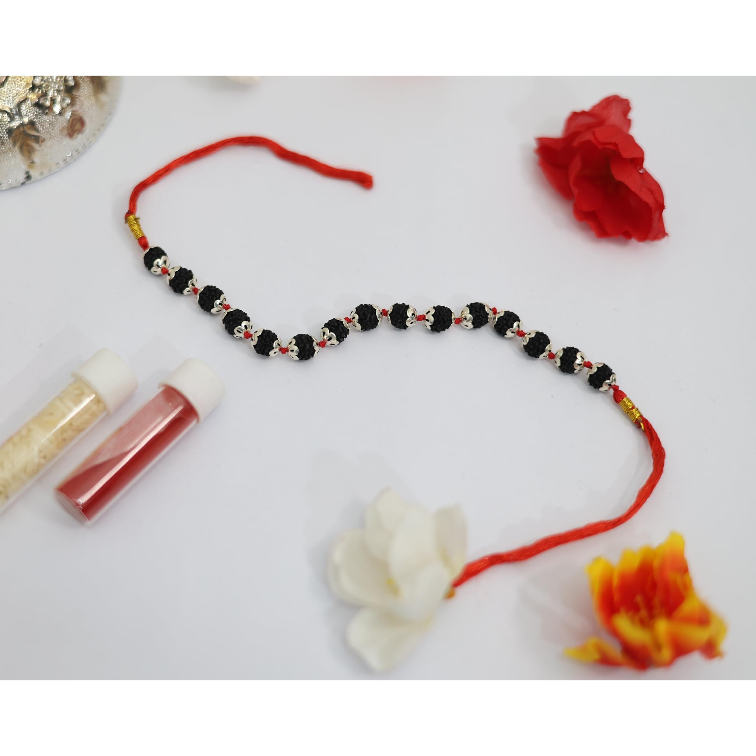 Shivaratna Silver Capped Rudraksha Rakhi (With Roli, Chawal)