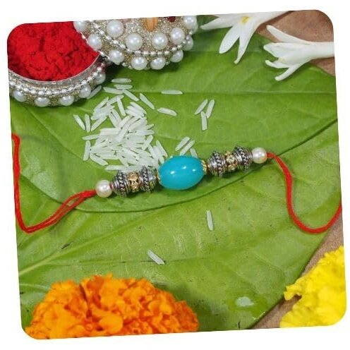 I Jewels Mens Gold Plated Ethnic Pearl Bhaiya Rakhi With Roli Chawal & Rakshabandhan Card For Bro/Brother/Bhai (R053-R)