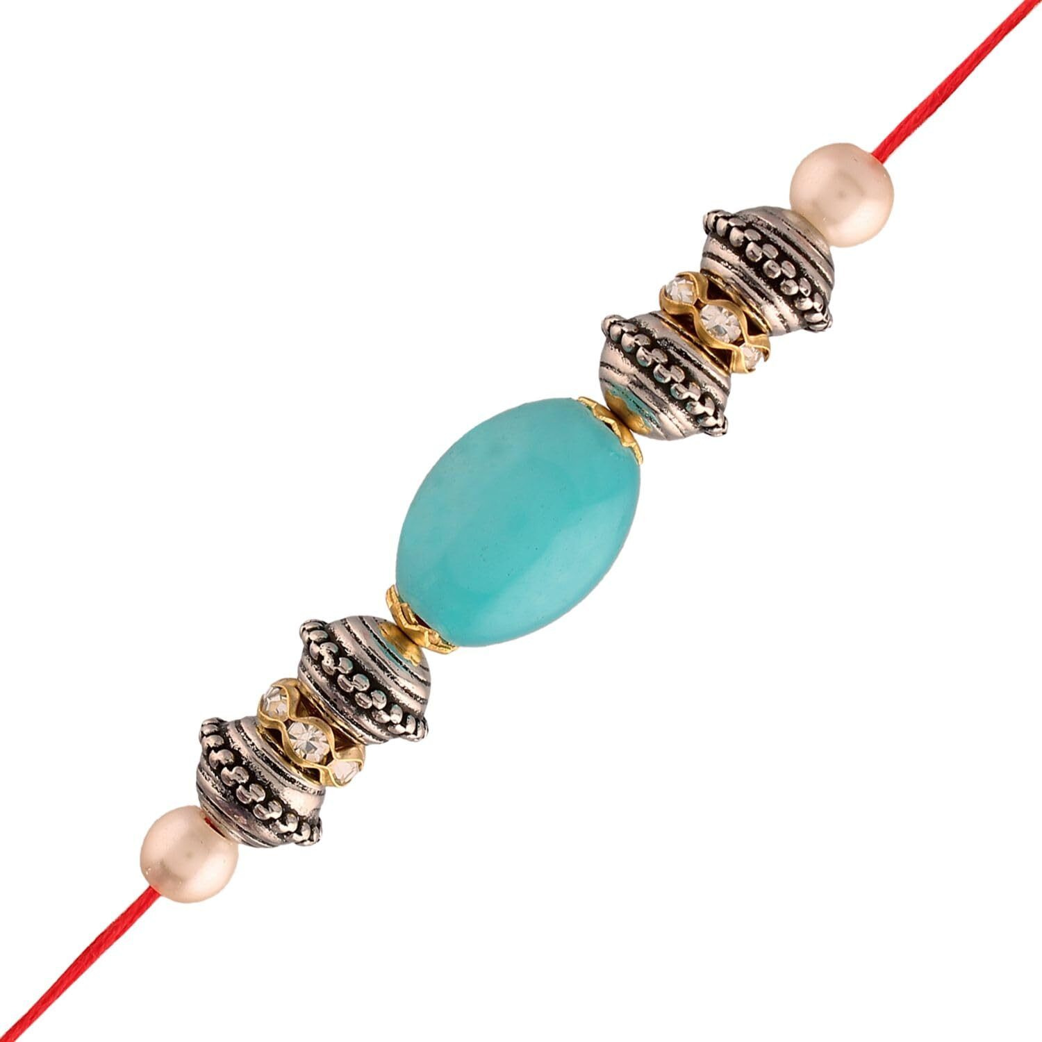 I Jewels Mens Gold Plated Ethnic Pearl Bhaiya Rakhi With Roli Chawal & Rakshabandhan Card For Bro/Brother/Bhai (R053-R)