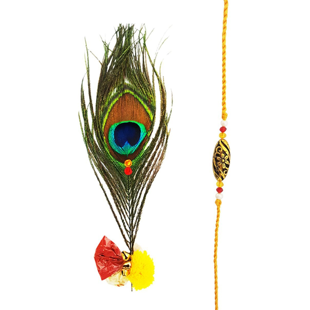 Mehrunnisa Handmade Golden Bead Rakhi With Peacock Feather Roli Chawal (Rak1198)