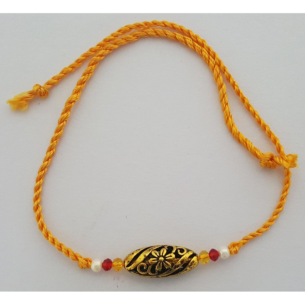 Mehrunnisa Handmade Golden Bead Rakhi With Peacock Feather Roli Chawal (Rak1198)