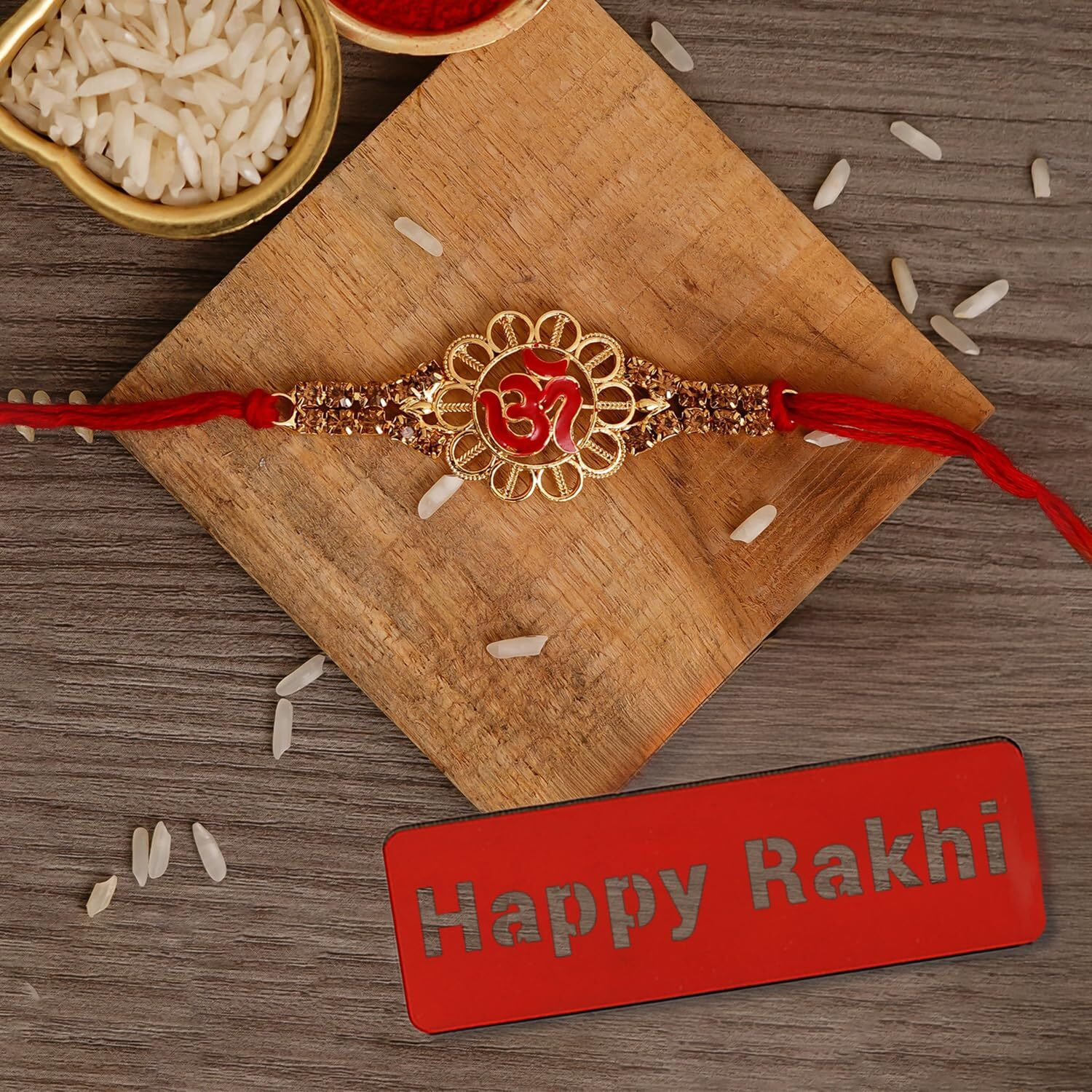 Ecraftindia Red & Golden Religious Om Rakhi For Brother With Best Bro Ever Fridge Magnet And Roli Chawal Pack