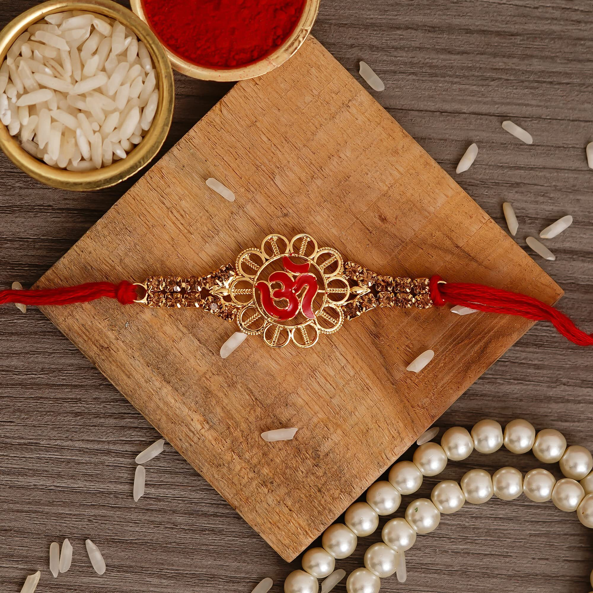 Ecraftindia Red & Golden Religious Om Rakhi For Brother With Best Bro Ever Fridge Magnet And Roli Chawal Pack