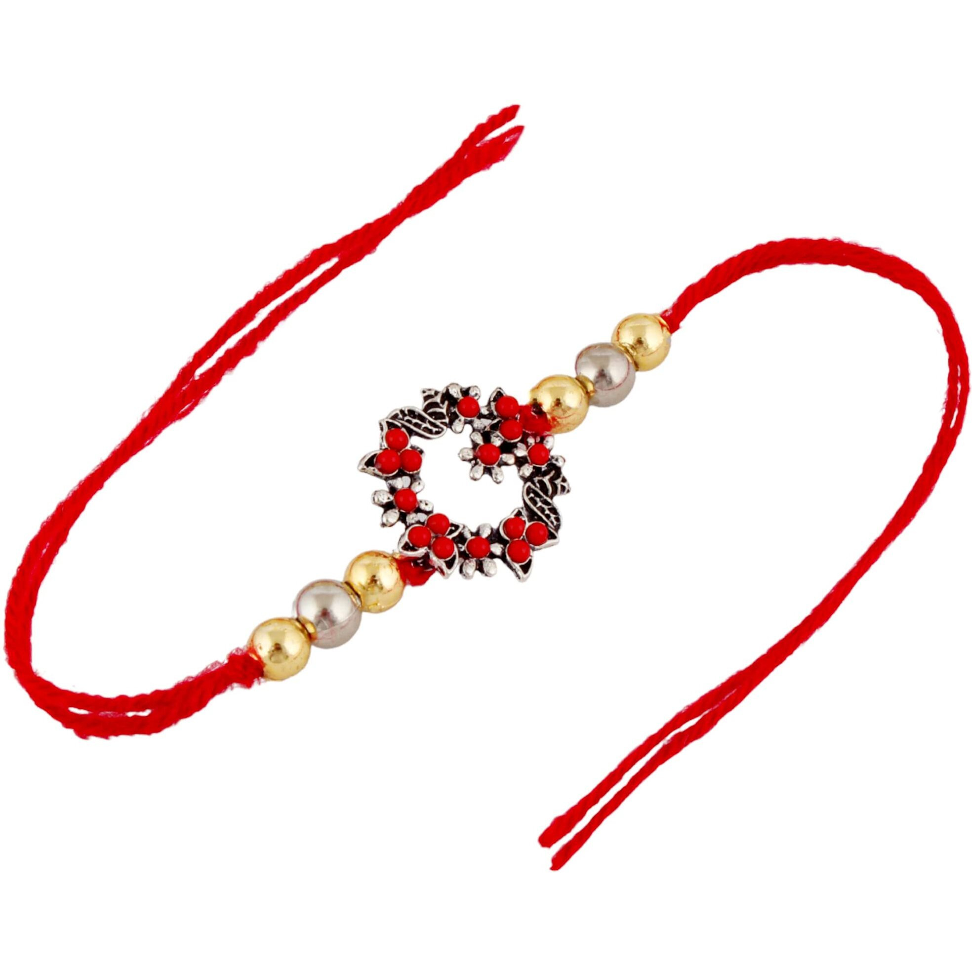 Lucky Jewellery Unisex Adult Oxidized German Silver Rakhi - Red Thread, Boho Collection, Rakshabandan Rakhee Bracelet For Brother/Bhai/Bhaiya/Bhabhi - (70-Wesr1-Zp04B-2)