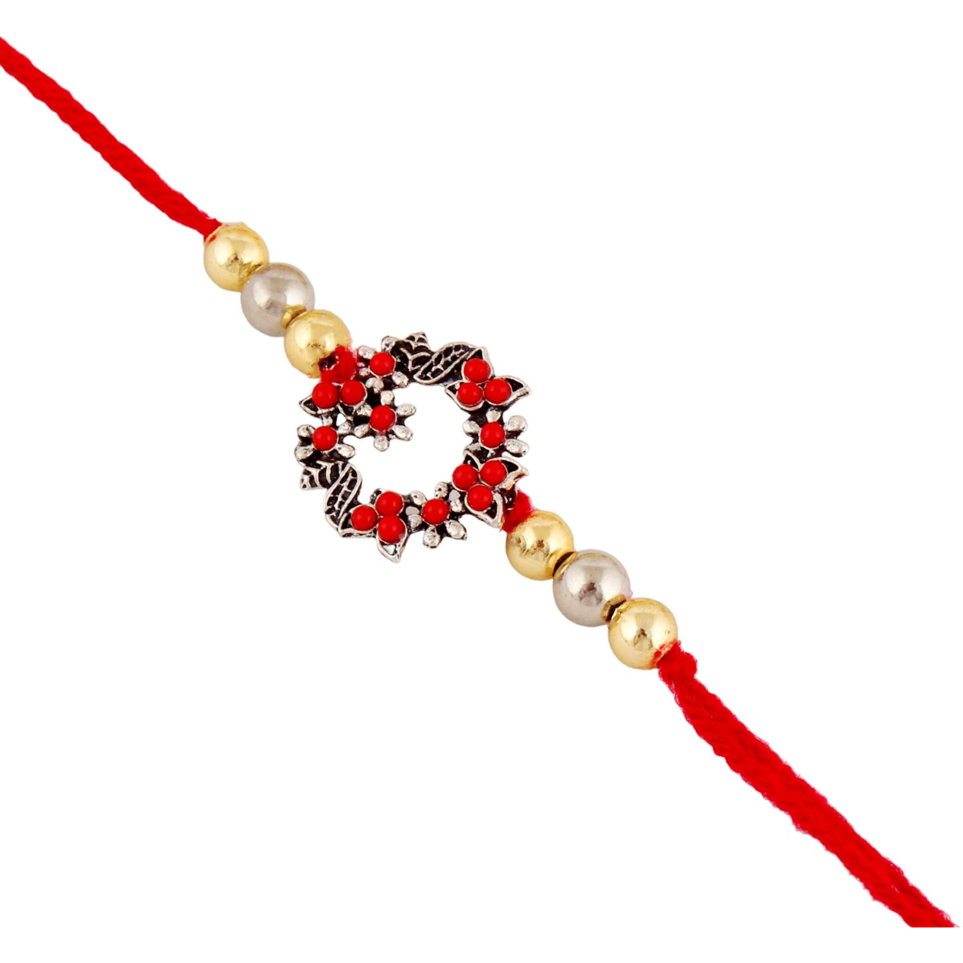 Lucky Jewellery Unisex Adult Oxidized German Silver Rakhi - Red Thread, Boho Collection, Rakshabandan Rakhee Bracelet For Brother/Bhai/Bhaiya/Bhabhi - (70-Wesr1-Zp04B-2)