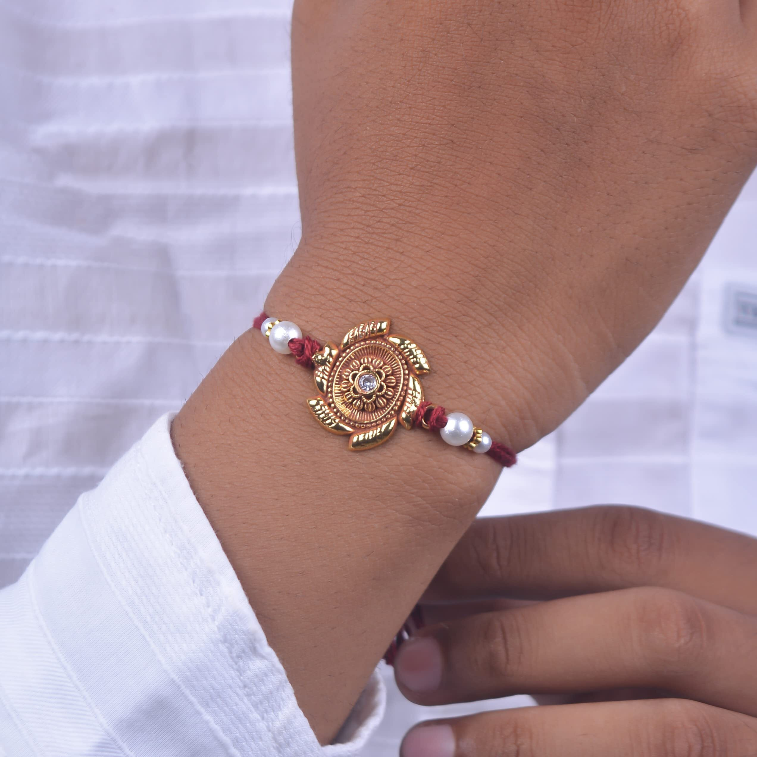 Vama Fashions Golden Unique Dori Rakhi Raksha Bandhan Rakhee Hand Band For Men Lovely Brother Bhaiya
