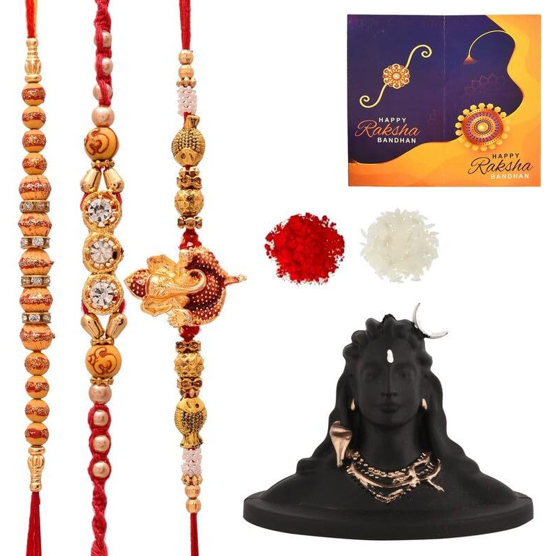 Yalambar Rakhi Gift For Brother With Rakhi Gift Combo For Brother Best Gift For Bhaiya Bhabhi +Adiyogi Shiva Statue For Car Dash Board + Rakhi Set Of-3 + + Free Rakhi Card-200-3