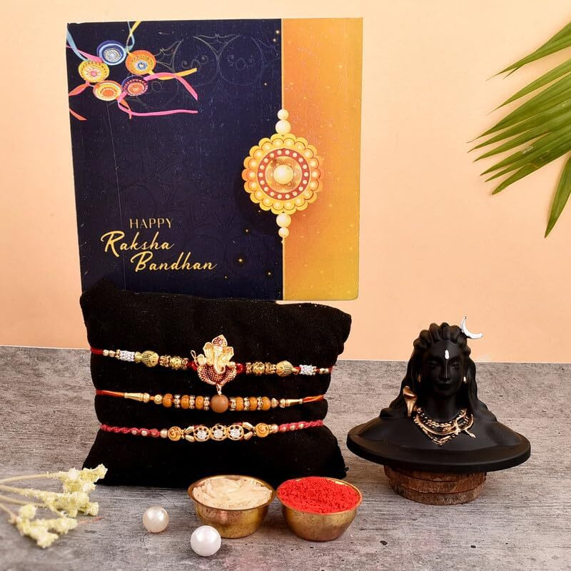 Yalambar Rakhi Gift For Brother With Rakhi Gift Combo For Brother Best Gift For Bhaiya Bhabhi +Adiyogi Shiva Statue For Car Dash Board + Rakhi Set Of-3 + + Free Rakhi Card-200-3