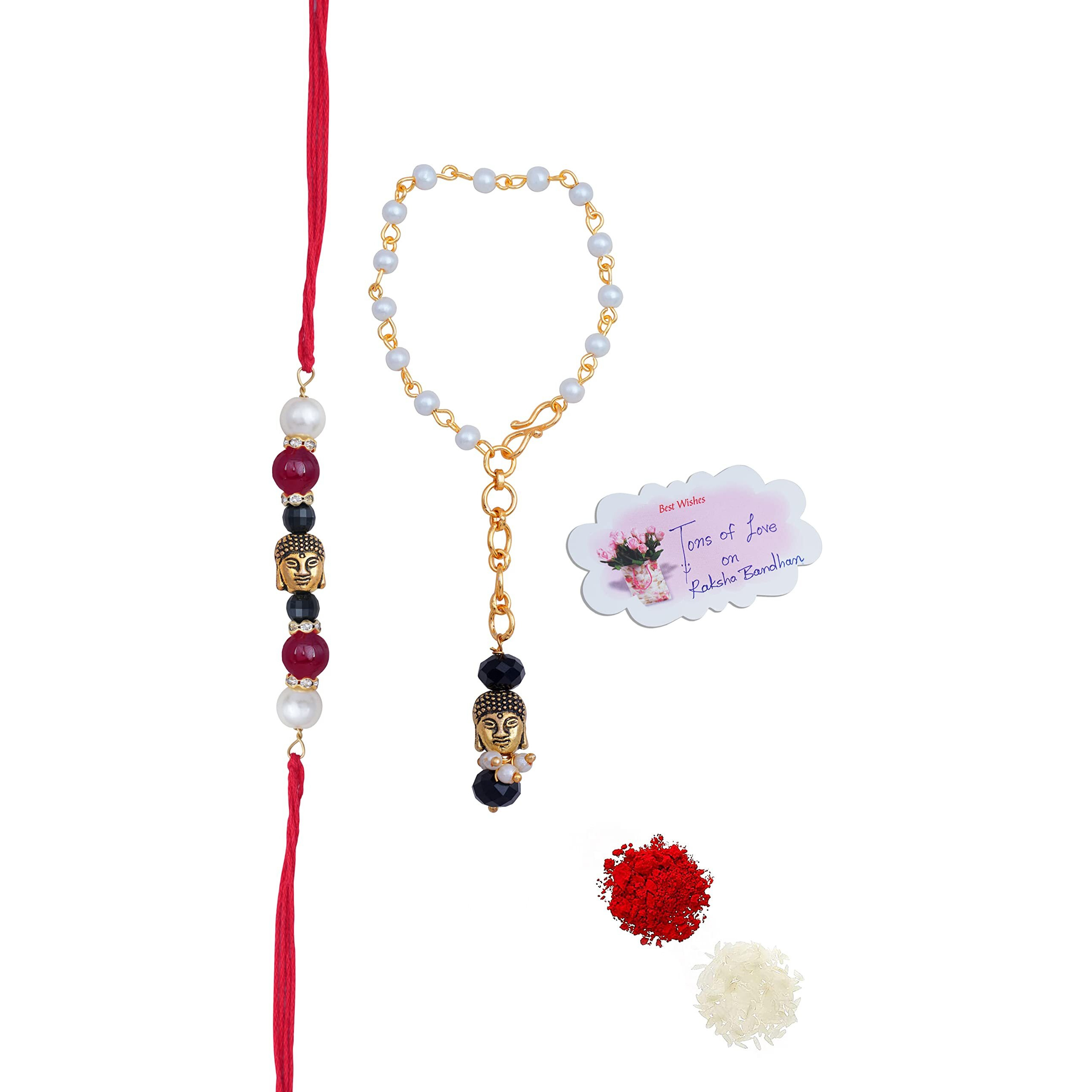 Jfl Unisex Adult-Jewellery For Less Handmade Buddha Rakhi For Brother Combo Pear Fancy Designer Collection Couple Pair Rakhi Set For Bhaiya With Roli Chawal For Raksha Bandhan