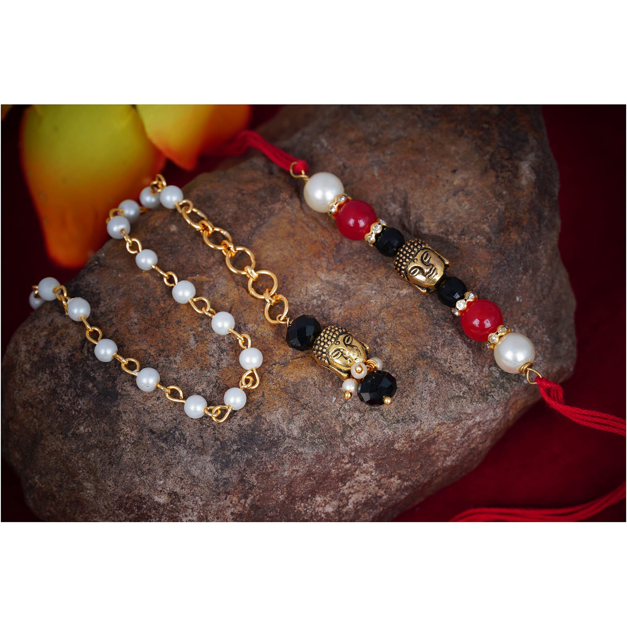 Jfl Unisex Adult-Jewellery For Less Handmade Buddha Rakhi For Brother Combo Pear Fancy Designer Collection Couple Pair Rakhi Set For Bhaiya With Roli Chawal For Raksha Bandhan