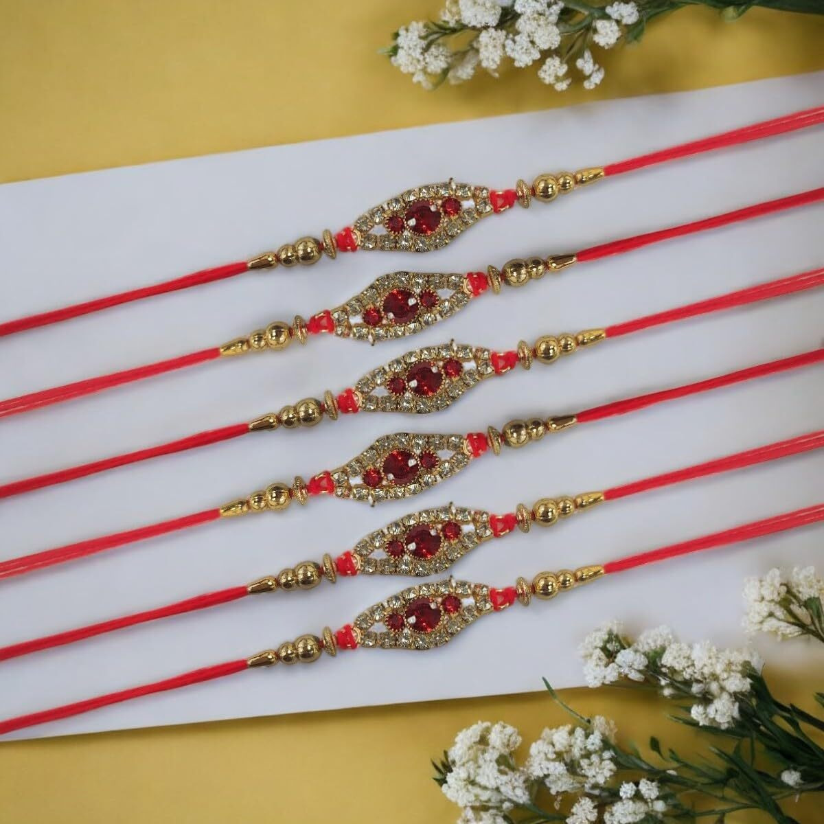 Accessher Mens Semi Precious Stones Studded Delicate Rakhi For Beloved Brother Pack Of 6 & Gifting With Roli Kumkum Packets & Happy Rakshabandhan Card