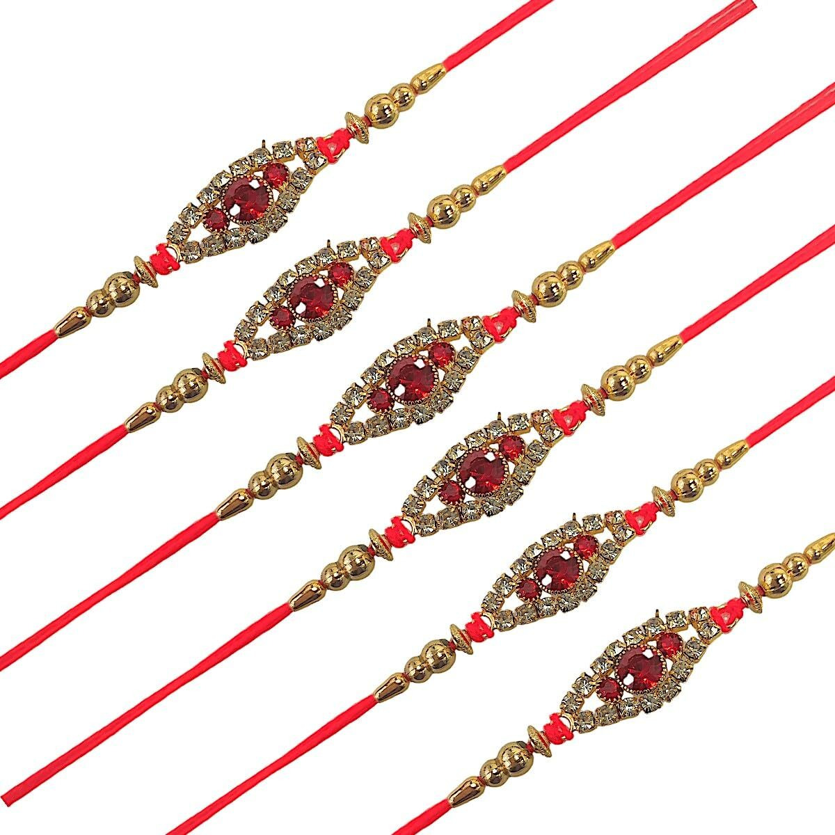 Accessher Mens Semi Precious Stones Studded Delicate Rakhi For Beloved Brother Pack Of 6 & Gifting With Roli Kumkum Packets & Happy Rakshabandhan Card