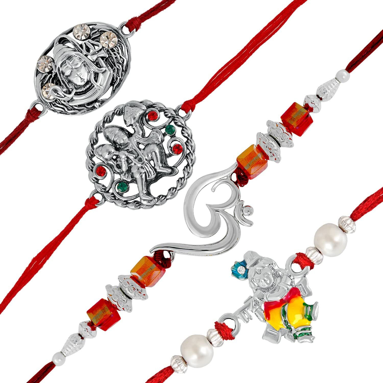 Mahi Combo Of Om, Hanuman, Krishna And Shiva Religious Rakhis For Brother/Bhaiya (Rco1105420M)