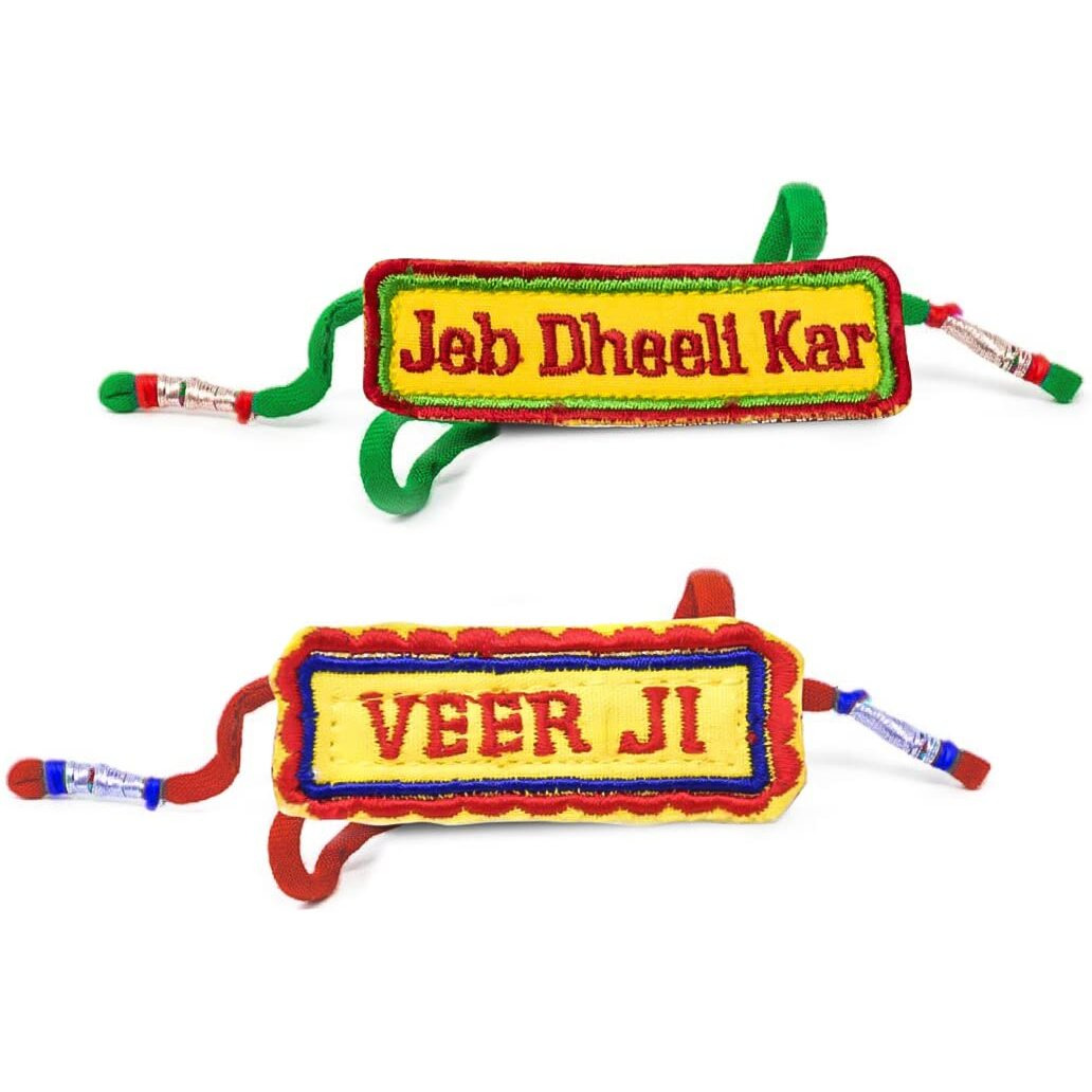Indigifts Gift For Brother Veerji And Jeb Dheeli Kar Quotes Printed Embroidary Rakhi Set Of 2 Rakhi With Roli, Greeting Card, Rakshabandhan Gifts For Brother