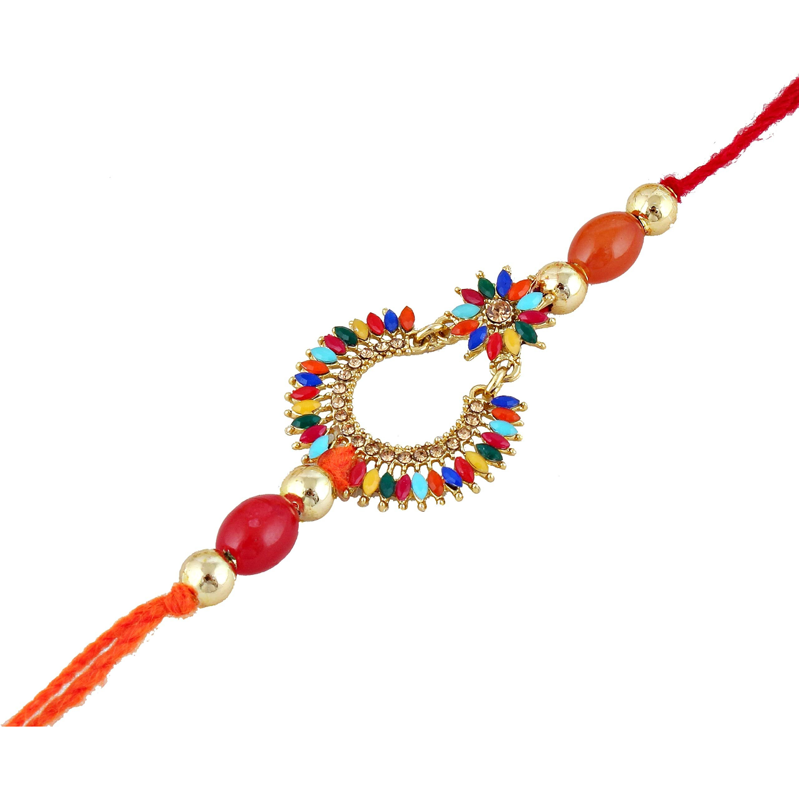 Lucky Jewellery Gold-Plated Rakhi - Yellow And Red Thread, Designer Fancy Traditional Rakhee Bracelet For Brother/Bhaiya/Bhai/Bhabhi - Rakshasutra (103-Wesr1-3270B-Mt-2)