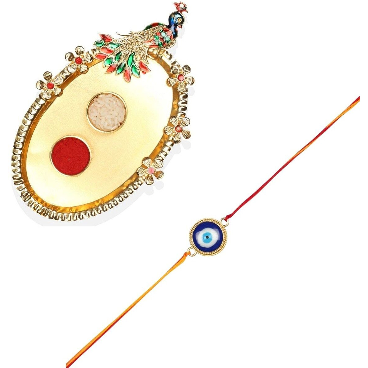 Accessher Traditional Evil Eye Rakhi Set For Brother With Peacock Designed Pooja Thali, Roli Kumkum Packets, And Happy Raksha Bandhan Card
