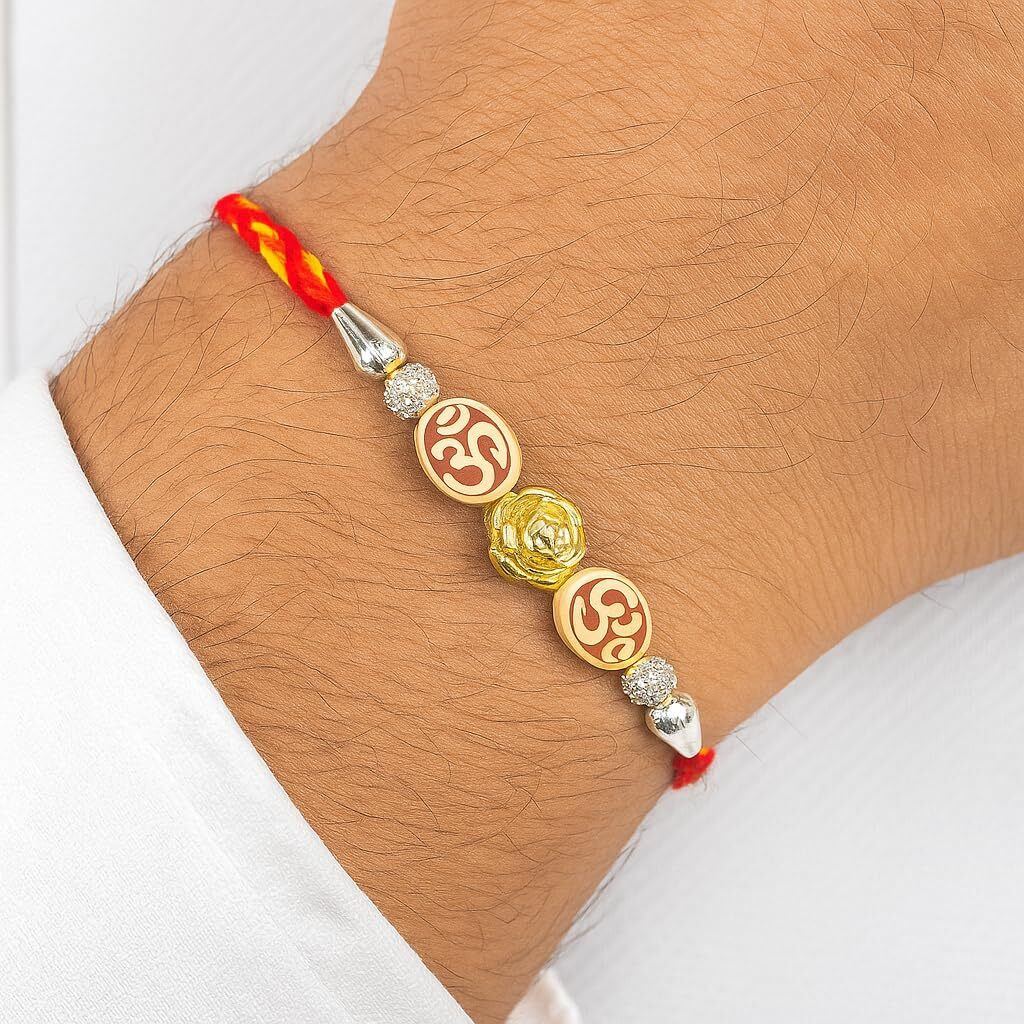 Aashya Mayro Premium Combo Of 6 Rakhi For Brother,Om, Bracelet, Pearl And Two Kids Rakhis For Family With A Roli Packet And A Tray.