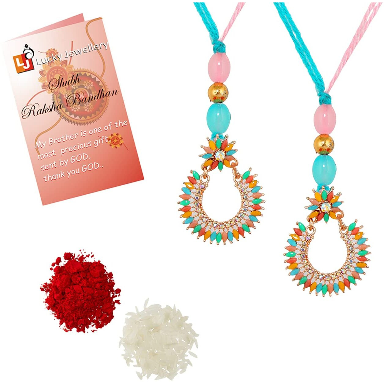 Lucky Jewellery Unisex Adult Rose Plating Rakhi - Feroozi And Pink Thread, Designer Fancy Traditional Rakhee Bracelet With Designer Lumba For Brother/Bhai/Bhaiya/Bhabhi - (103-Wesr1-3270C-Lmt-2)