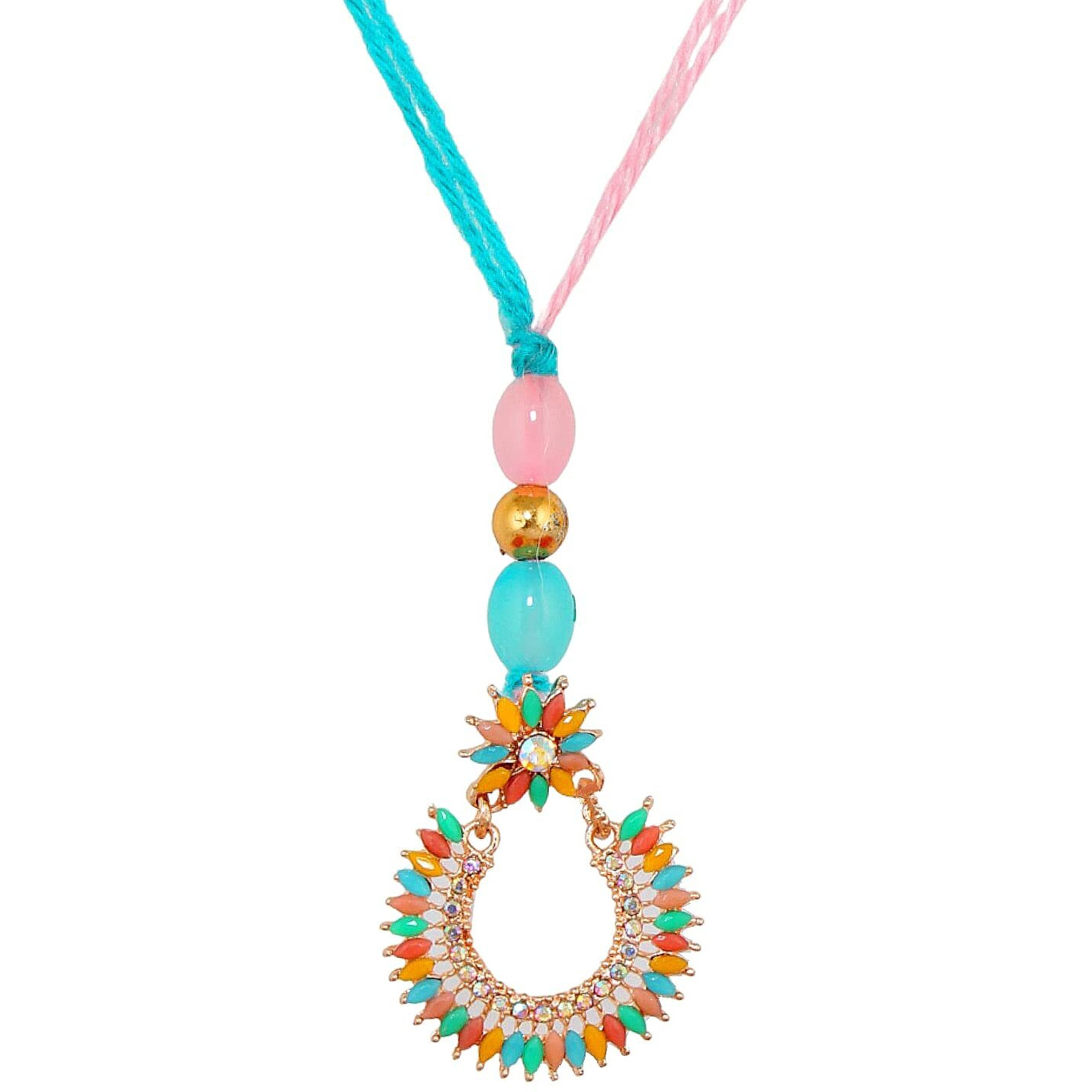 Lucky Jewellery Unisex Adult Rose Plating Rakhi - Feroozi And Pink Thread, Designer Fancy Traditional Rakhee Bracelet With Designer Lumba For Brother/Bhai/Bhaiya/Bhabhi - (103-Wesr1-3270C-Lmt-2)