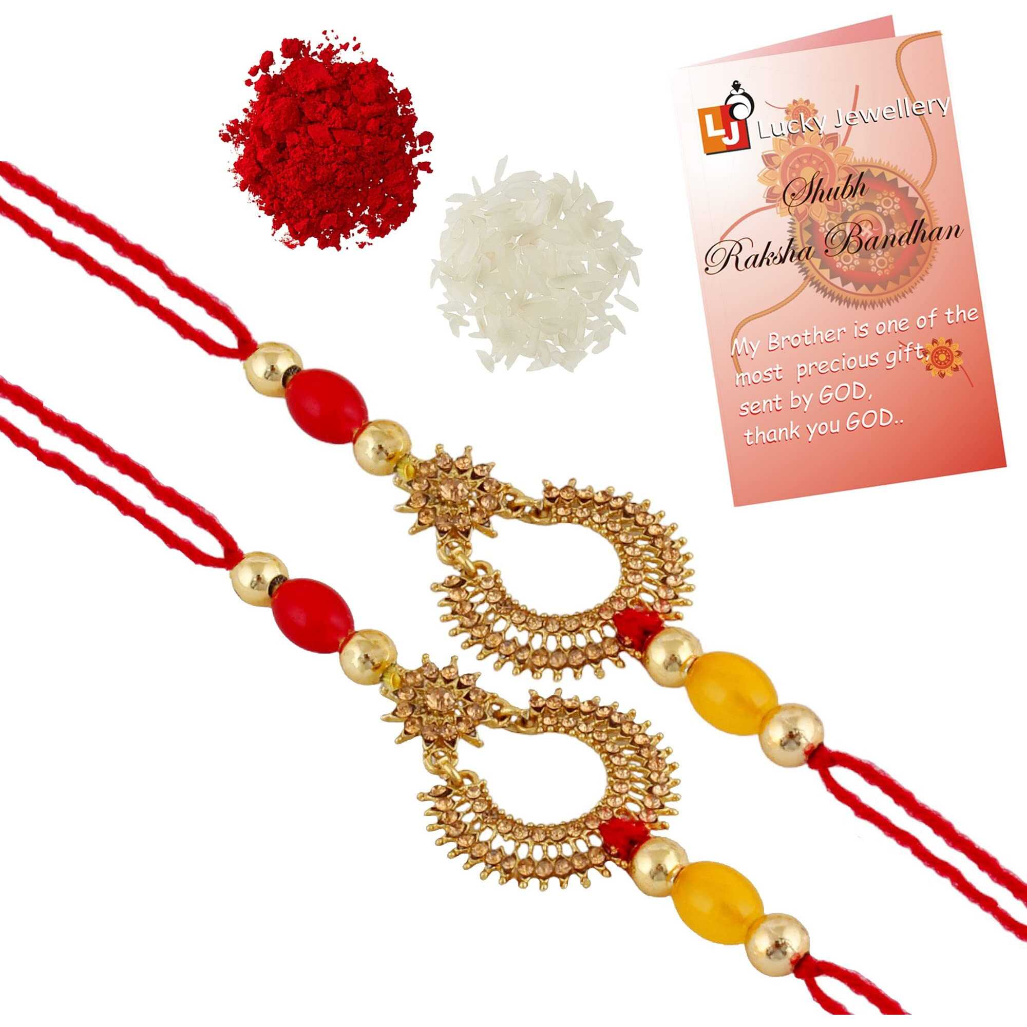 Lucky Jewellery Unisex Adult Gold-Plated Rakhi - Red Thread, Designer Fancy Traditional Rakhe Bracelet For Brother/Bhai/Bhaiya/Bhabhi - Rakshasutra