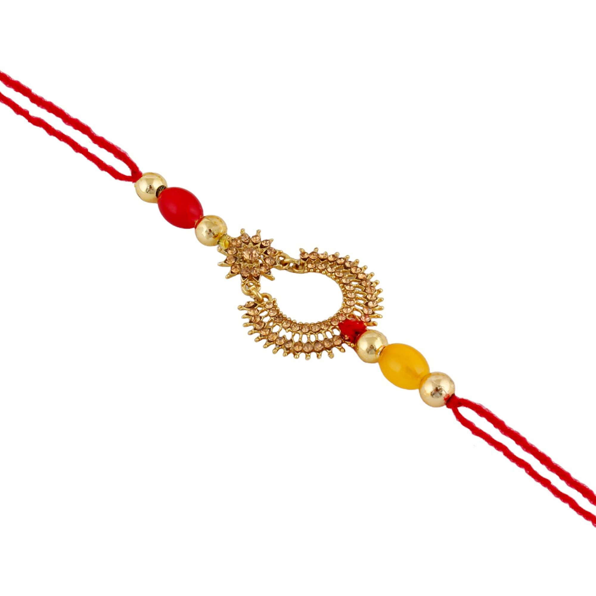 Lucky Jewellery Unisex Adult Gold-Plated Rakhi - Red Thread, Designer Fancy Traditional Rakhe Bracelet For Brother/Bhai/Bhaiya/Bhabhi - Rakshasutra