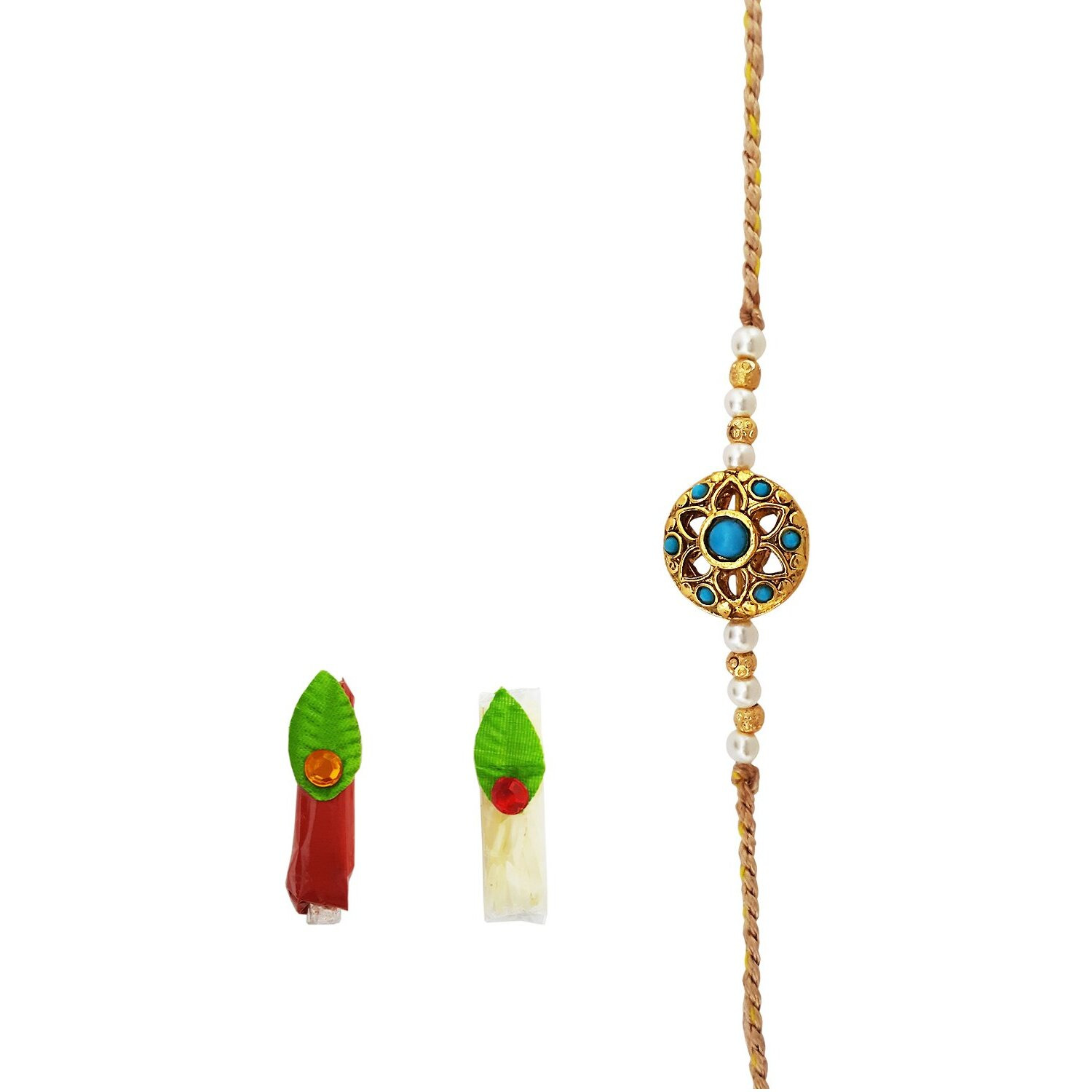 Mehrunnisa Handmade Exquisite Golden Bead Rakhi With Roli & Chawal (Turquoise)