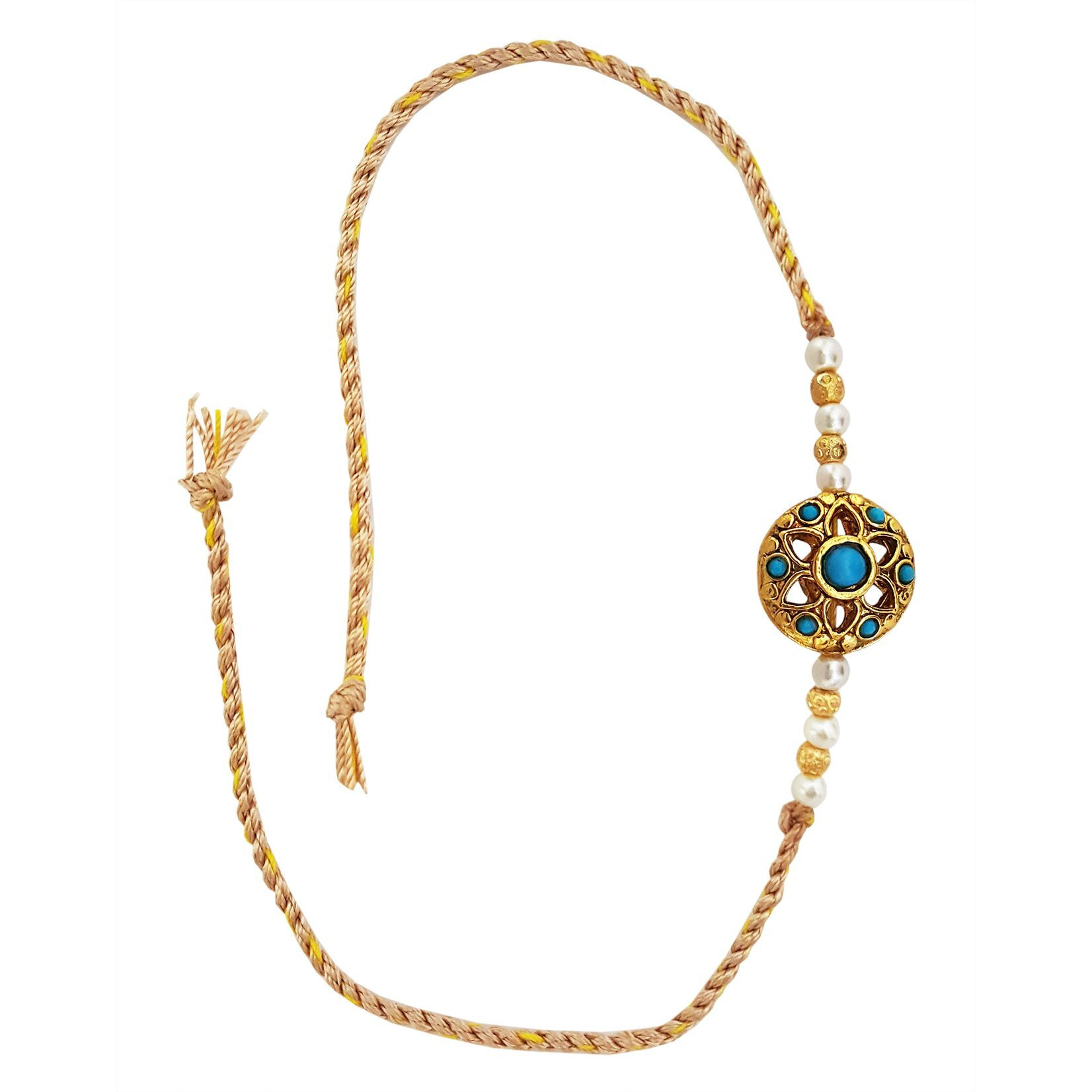Mehrunnisa Handmade Exquisite Golden Bead Rakhi With Roli & Chawal (Turquoise)