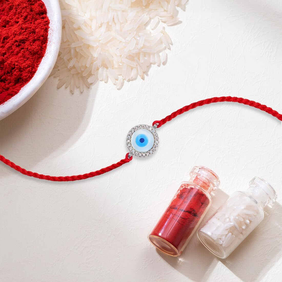 Zavya 925 Sterling Silver Evil Eye Cubic Zirconia Rhodium Plating Silver Rakhi | Rakhi For Brother- Rakshabandhan | Gift For Men & Boys |1 Year Plating Warranty | Gift For Brother