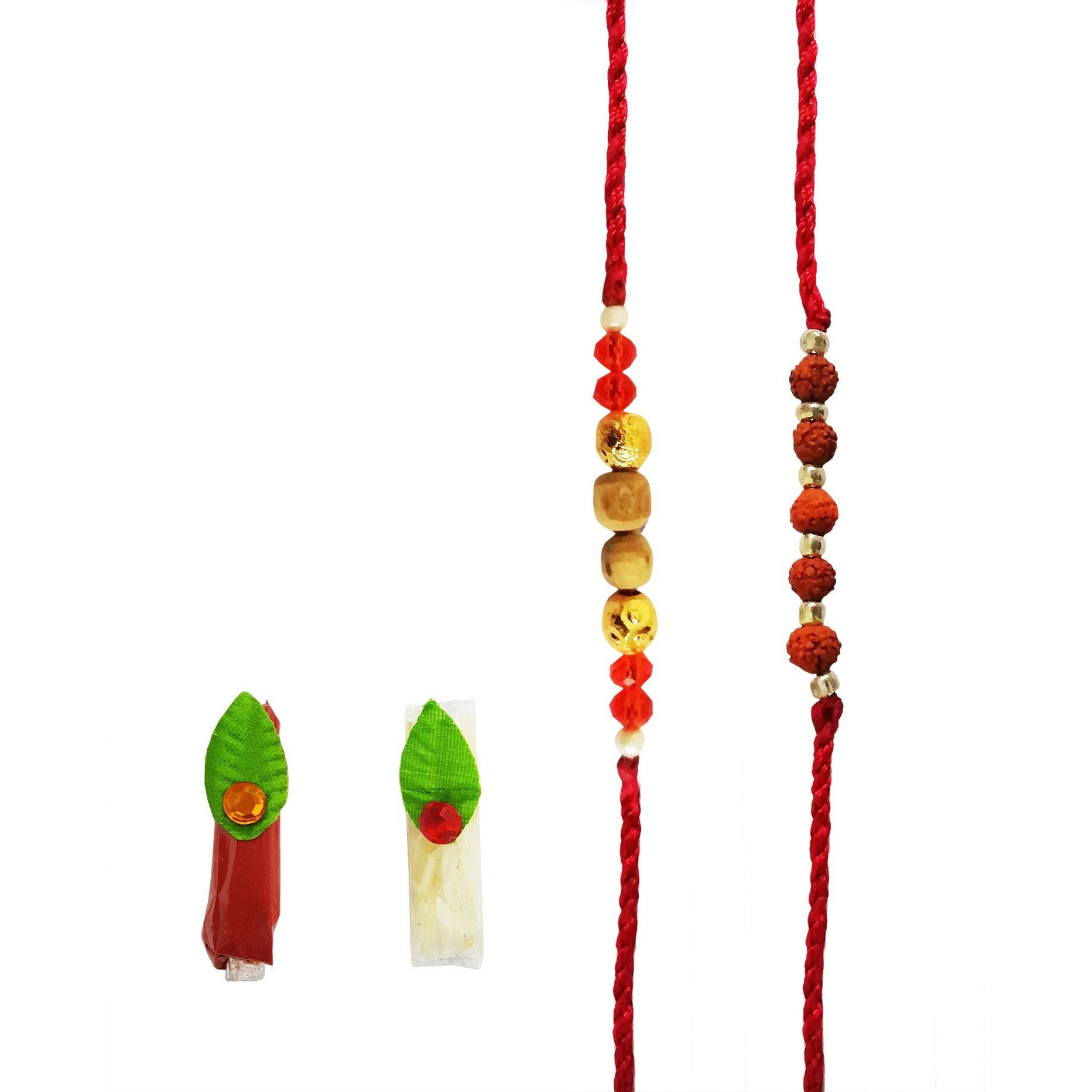 Mehrunnisa Set Of 2 Handmade Exquisite Rudraksh & Tulsi Rakhis With Roli & Chawal (Rak2738)
