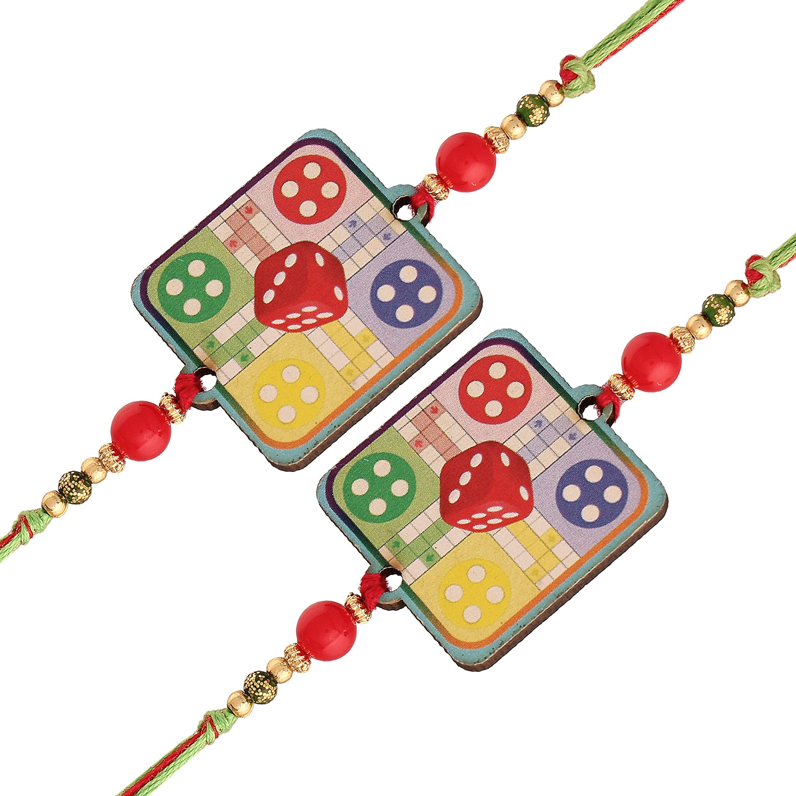 I Jewels Mens Rakshabandhan Special Fancy Ludo Bhaiya Rakhi With Roli Chawal & Rakshabandhan Card For Bro/Brother/Bhai (R039-28) (Pack Of 2)