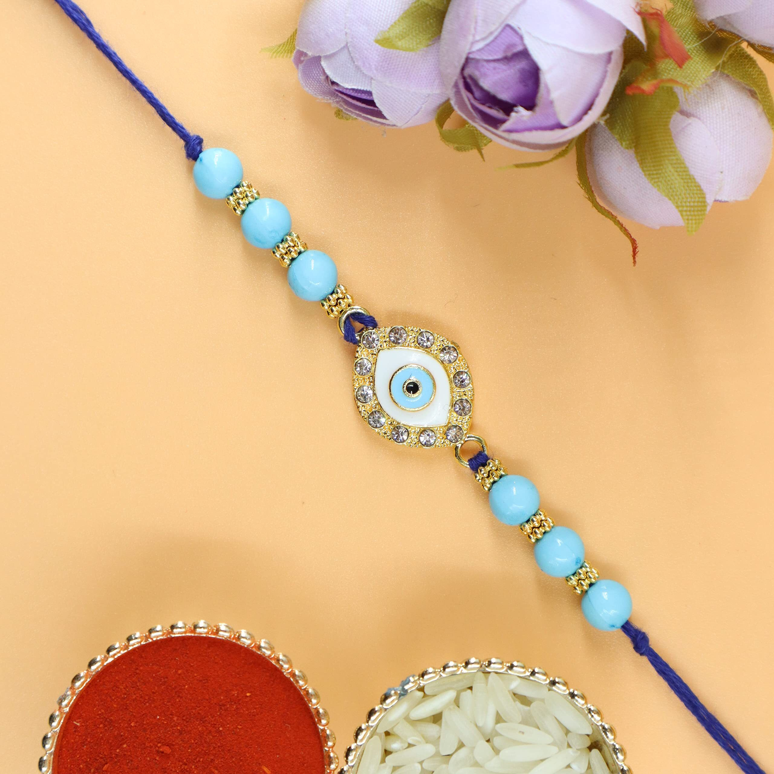 Alaukik Rakhi Combo Set Of Premium Elegant Unisex Rakhis With Roli, Akshat And Greeting Card For Bro/Brother/Bhaiya/Bhai/Rakshabandhan (Style 06)