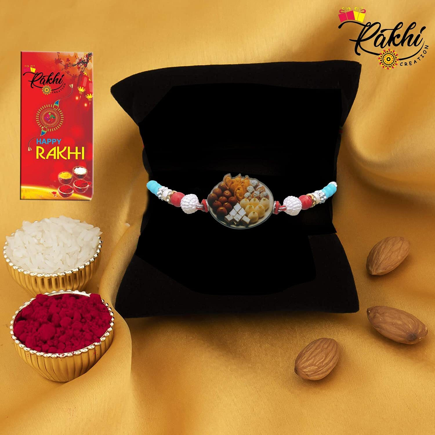 Case Creation Sweets Rakhi For Brother And Bhabhi - 5 Piece Rakhi Handmade Beautiful Sweets Funny Bracelet Rakhi Set For Brother Bhai Bro With Complimentary Ritual Items And Greeting Card